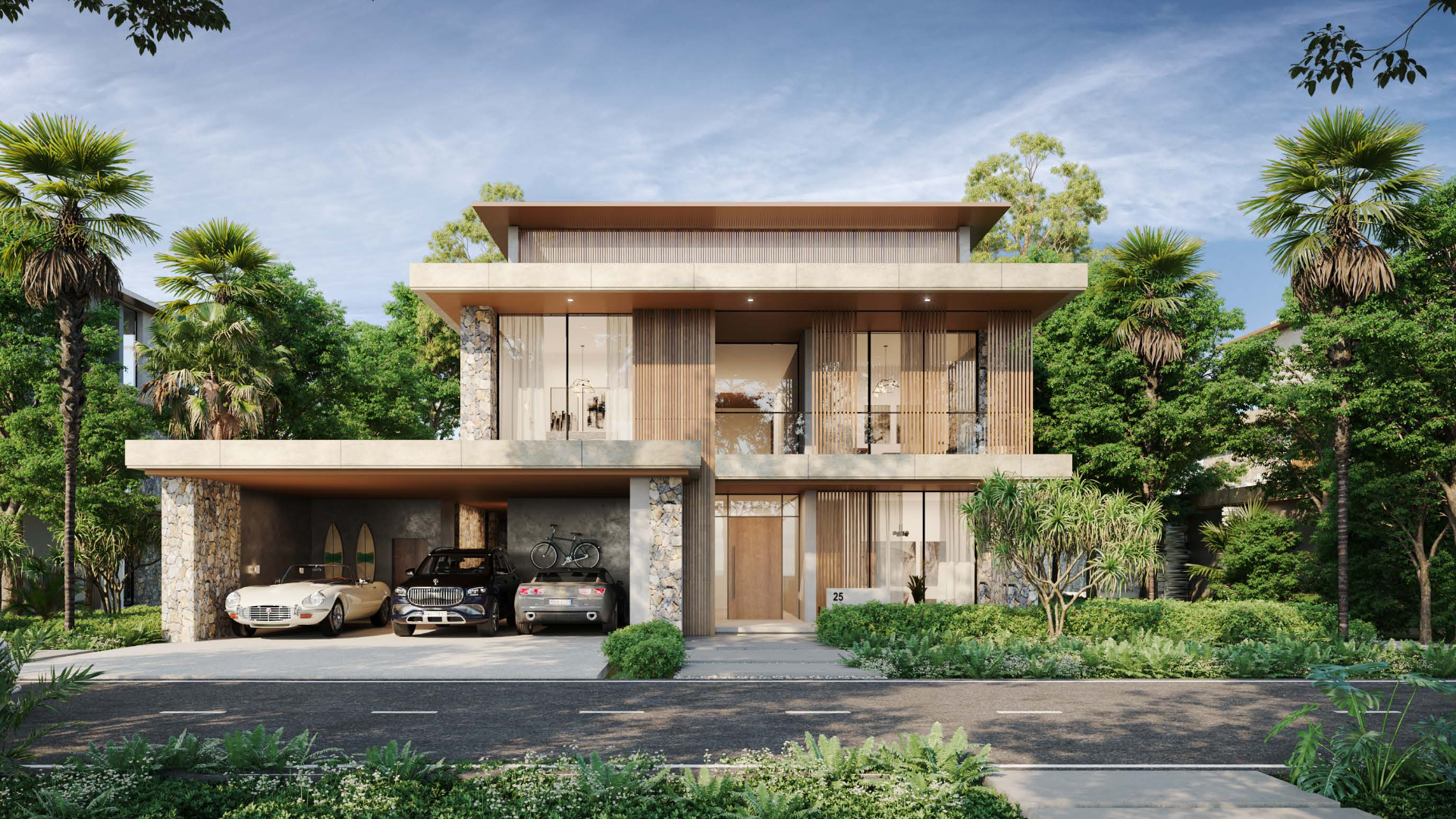 Stunning five-bedroom villa exterior in Alaya, Tilal Al Ghaf, surrounded by lush greenery