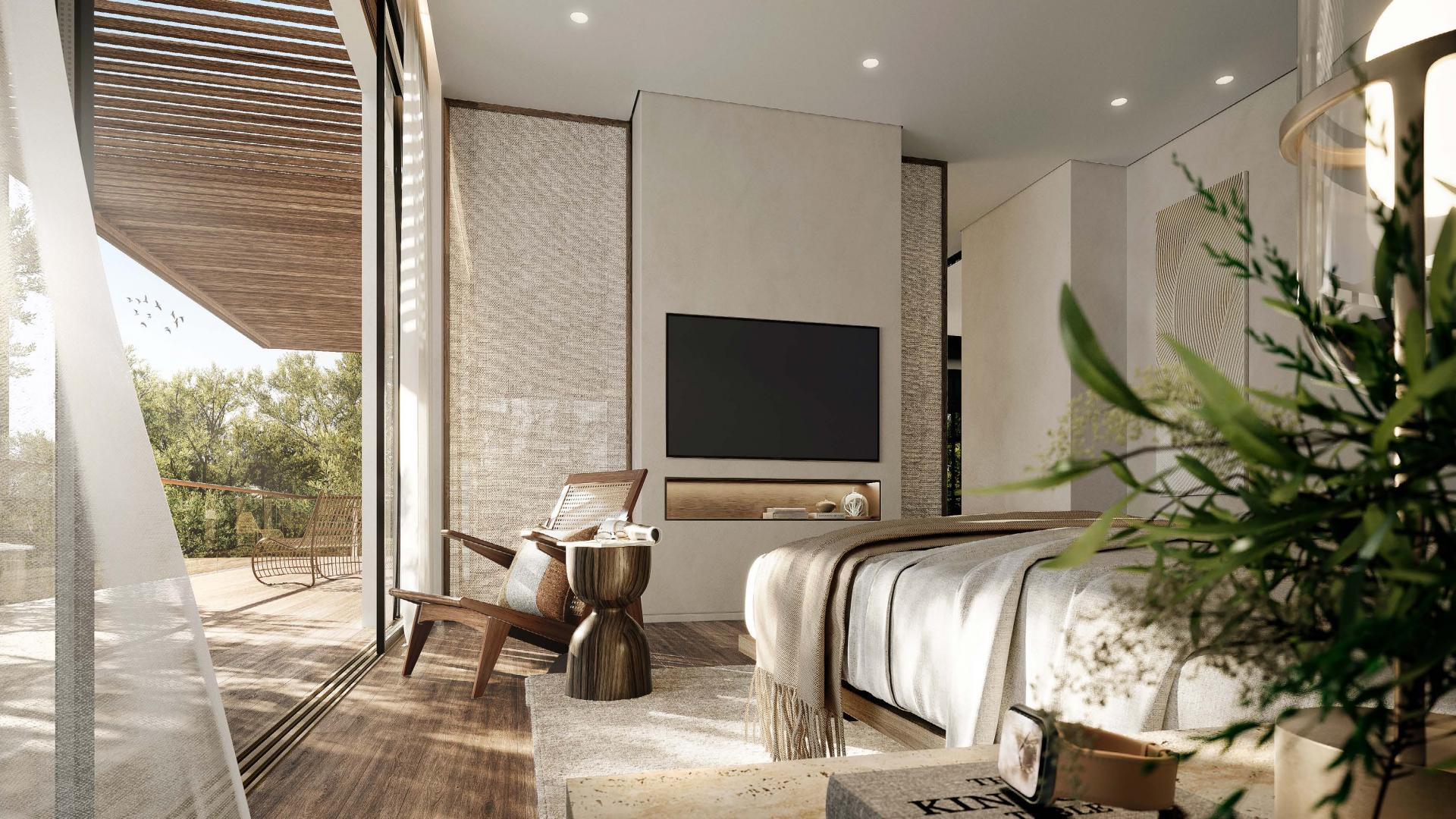 Contemporary villa patio with pool and lush greenery in Alaya, Tilal Al Ghaf