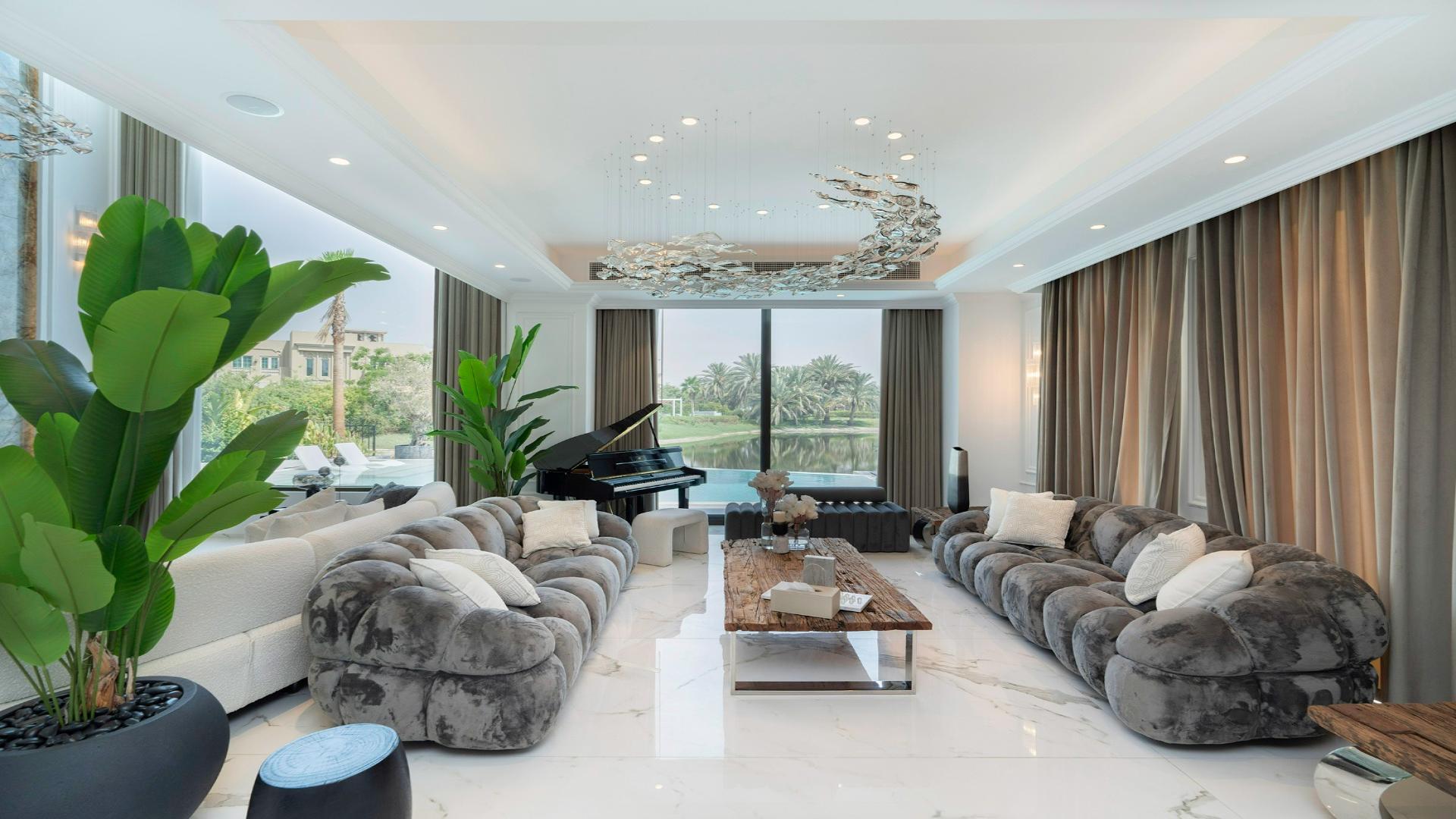Luxurious villa interior with lake view, European Clusters, Jumeirah Islands, spacious living room