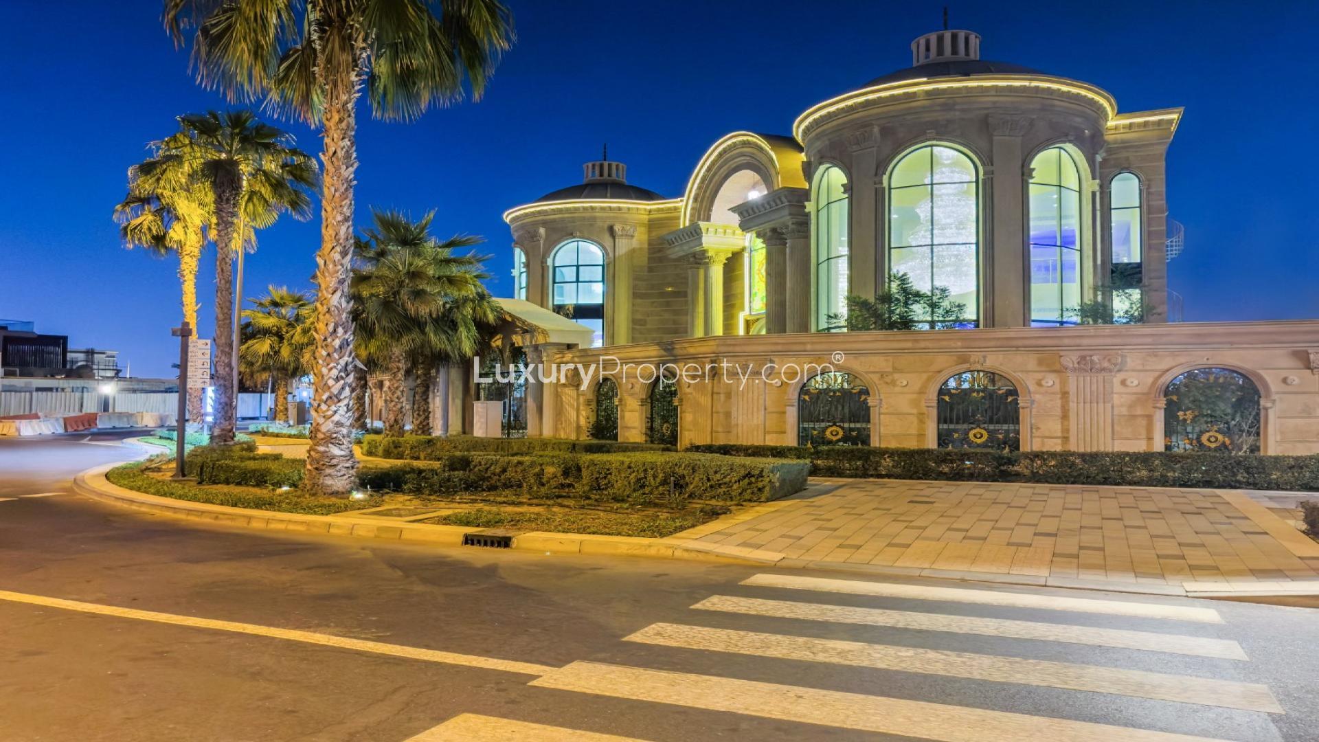 Luxurious villa entrance with grand staircase and stained glass in Pearl Jumeirah, Jumeirah