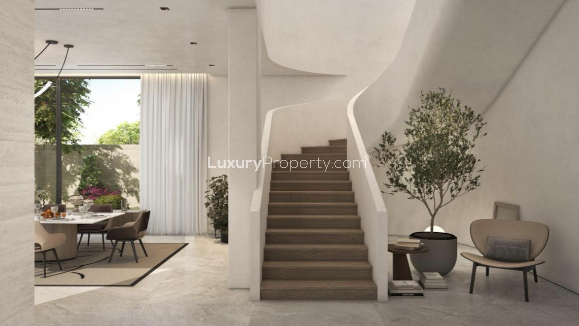 Ultra-luxury villa exterior with pool, Pearl Jumeirah, modern architecture, for sale