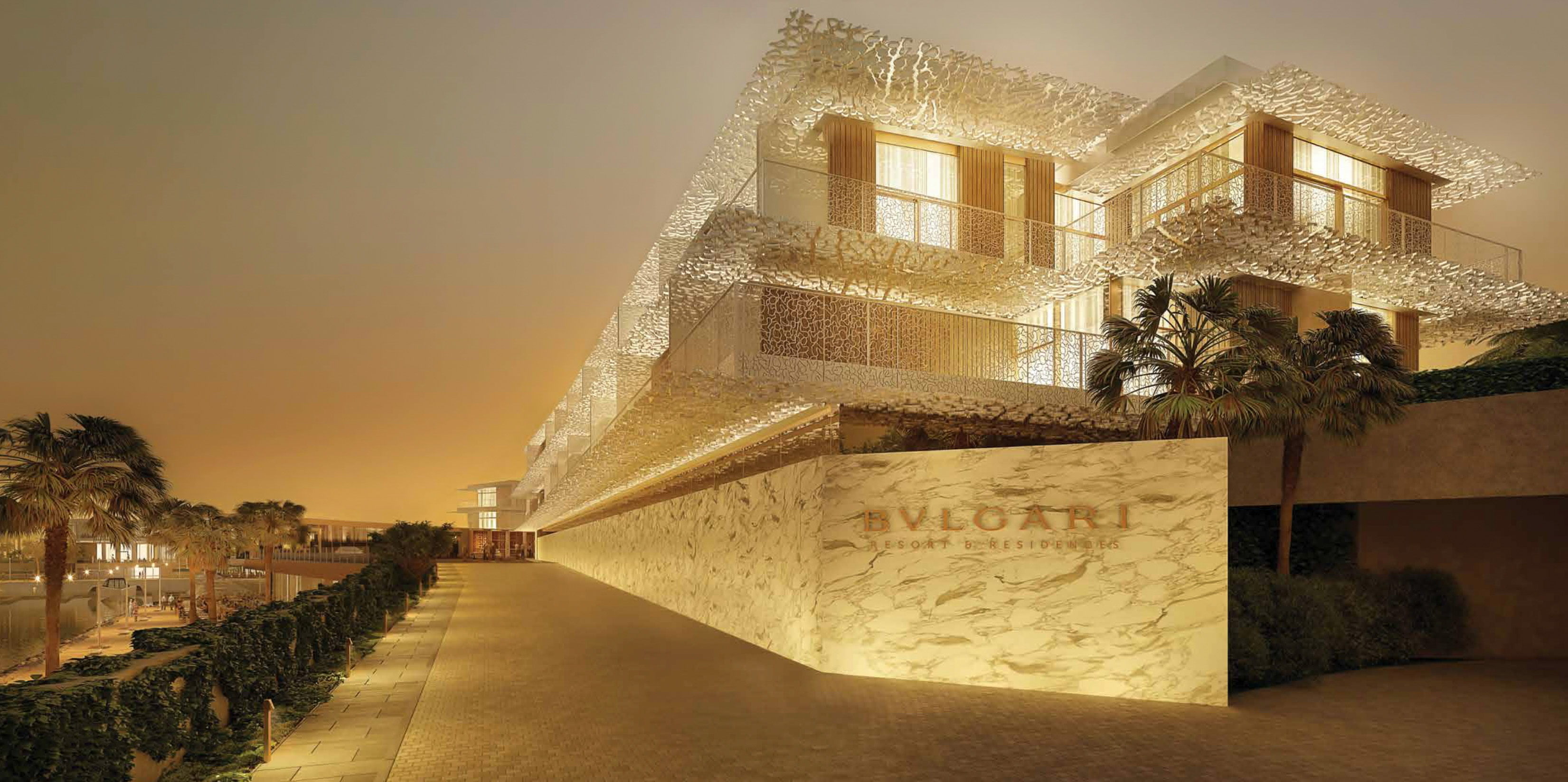 Luxurious villa exterior at Bulgari Resort, Jumeirah Bay Island, overlooking waterfront