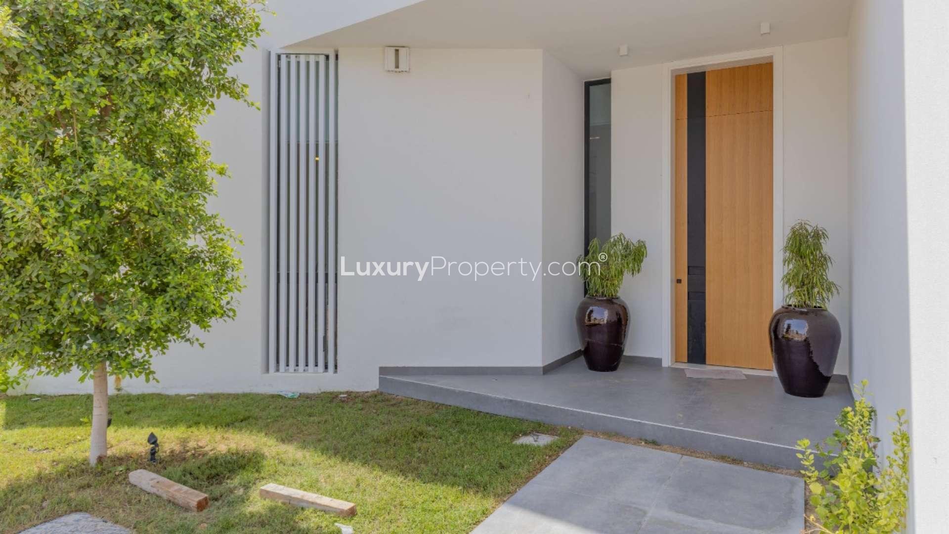 "Chorisia 1 Villa with private pool, garden in Al Barari, for sale, lake view.",Front entrance of brand new 5-bed villa in Chorisia 1, Al Barari, with garden