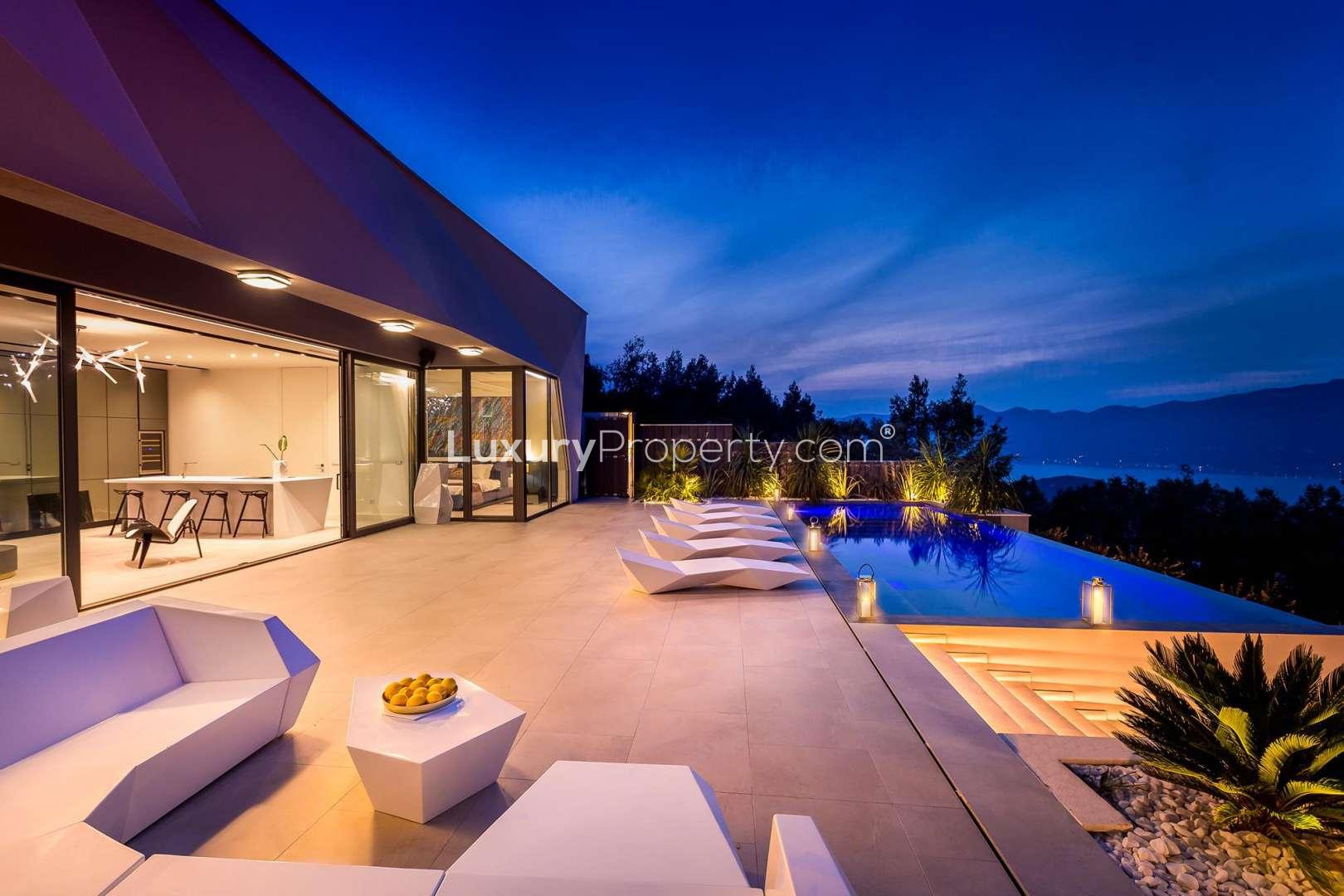 Elegant contemporary villa living room with sea view in Korcula, Croatia