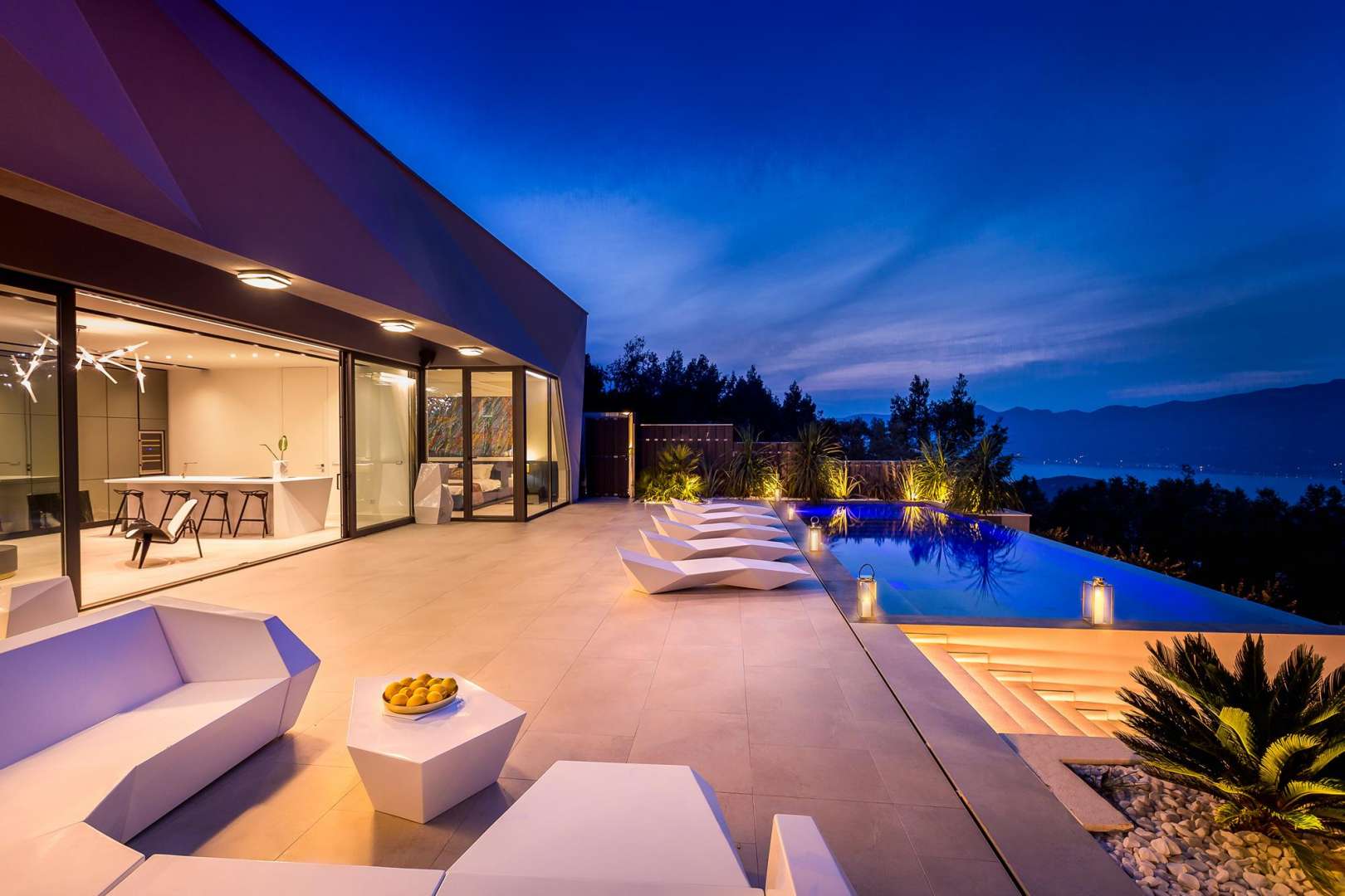 Elegant contemporary villa living room with sea view in Korcula, Croatia