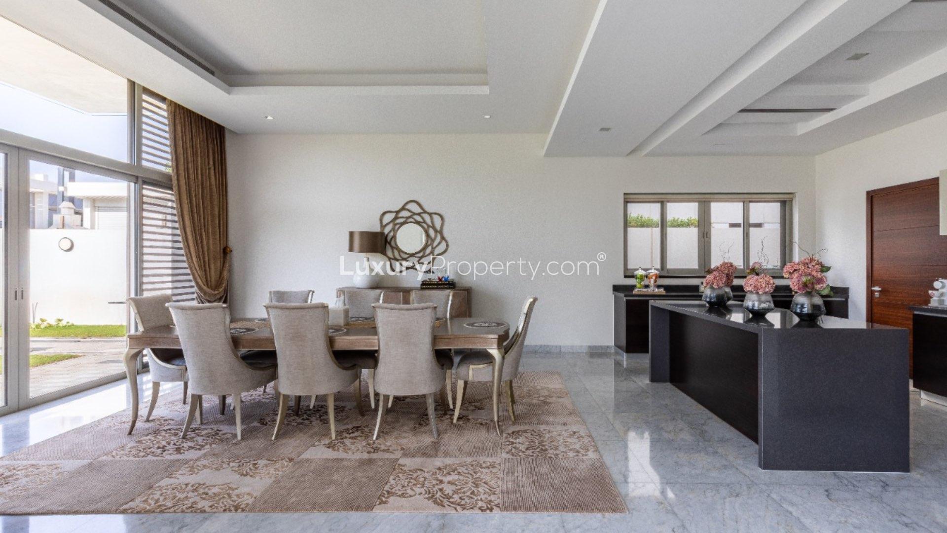 Elegant dining room in furnished contemporary villa, District One, MBR City, 5-bedroom for sale