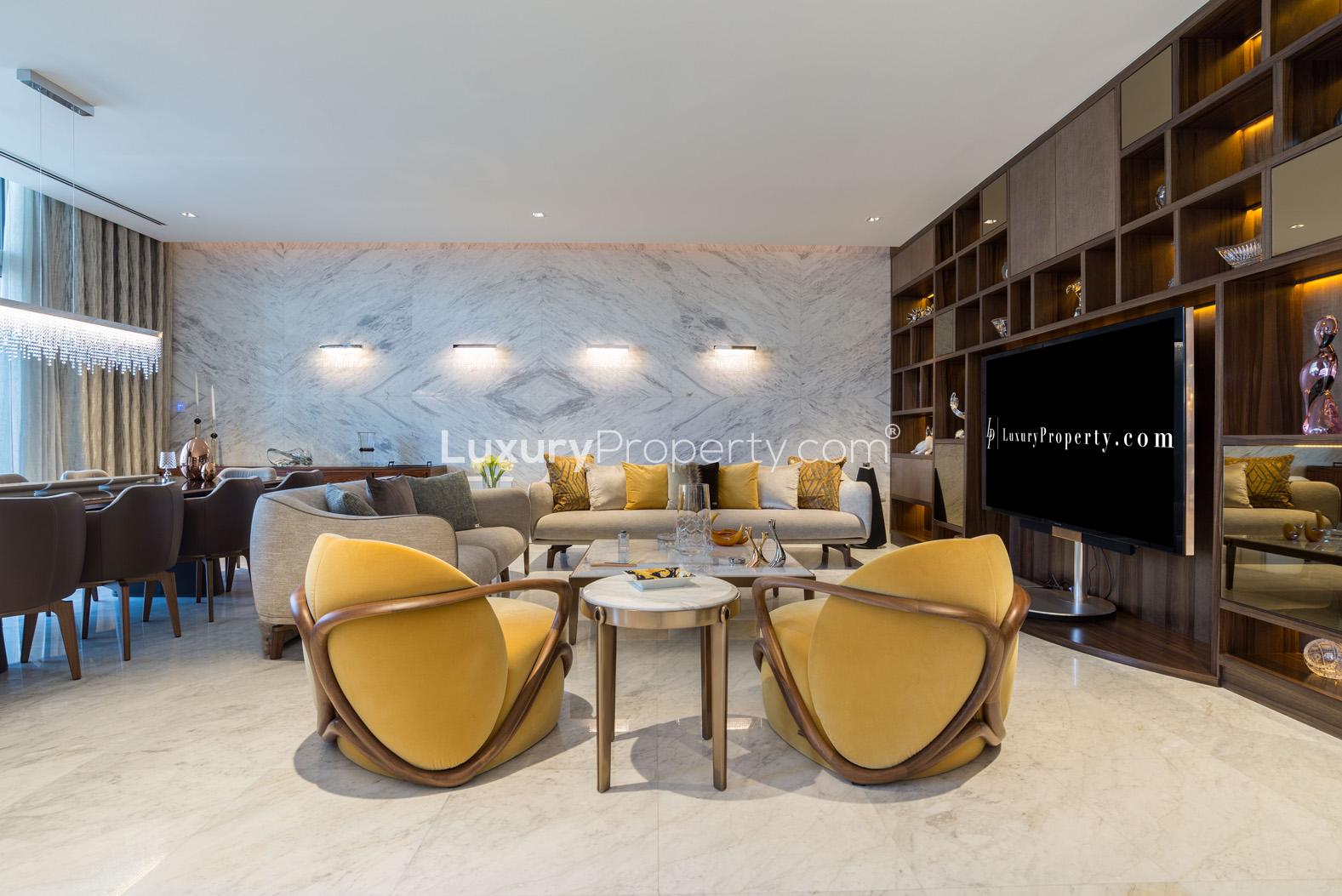 Luxurious living room in 5-bed villa, District One, MBR City, elegant decor and seating