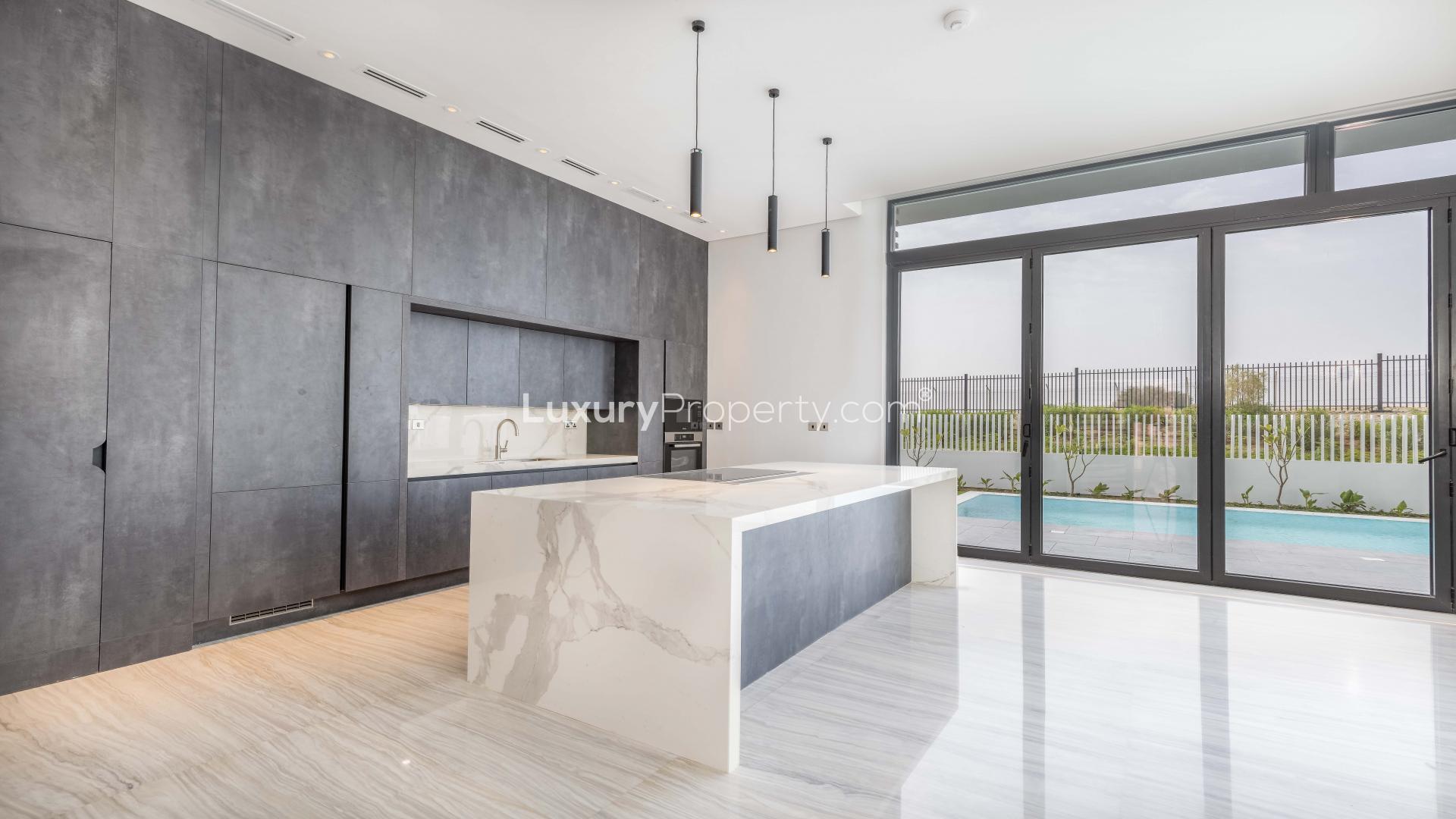 Luxurious villa interior with marble floors and large windows, Dubai Hills Estate