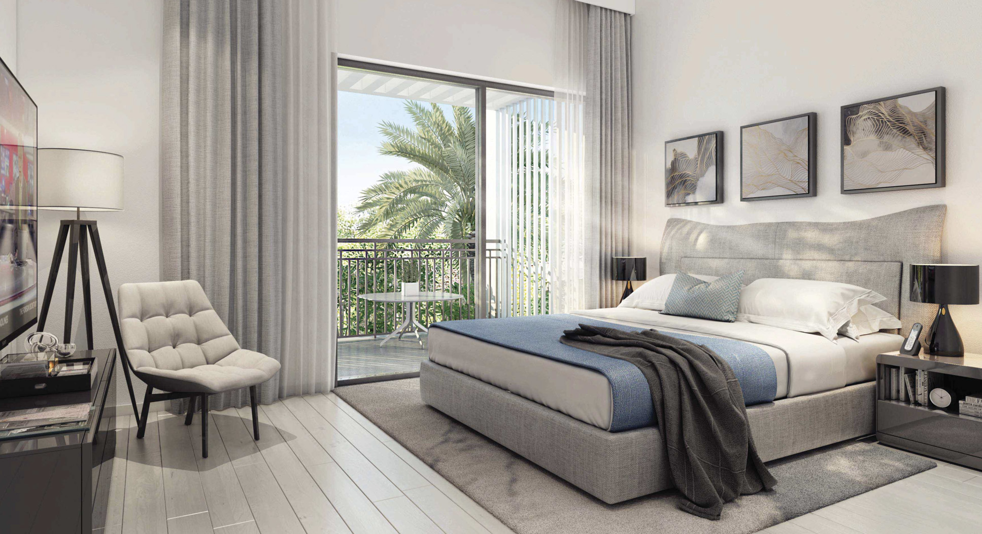 Luxurious dining and living area with golf course views in Dubai South villa