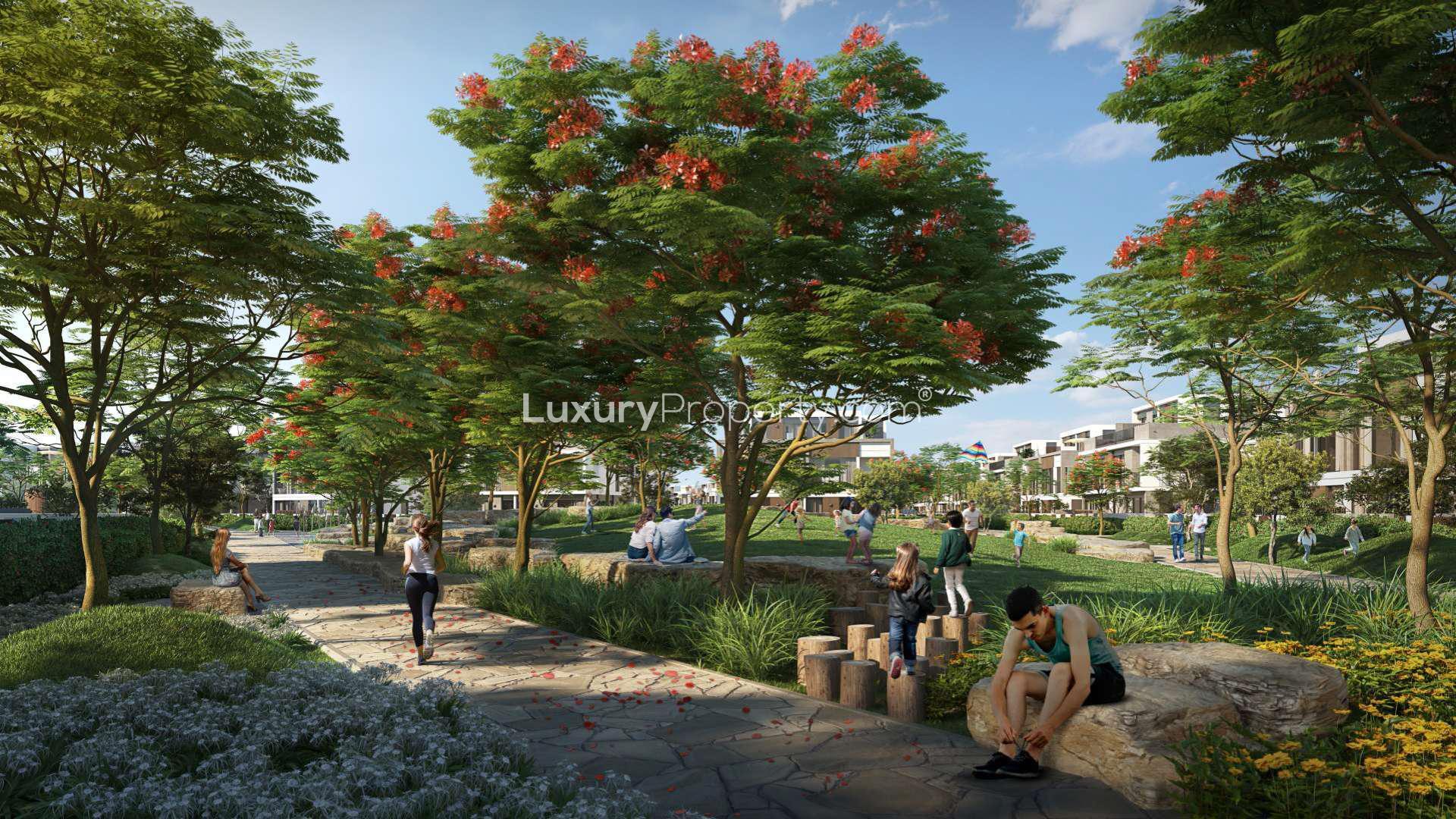 Modern home gym with treadmill and exercise balls in Elysian Mansions villa, Tilal Al Ghaf