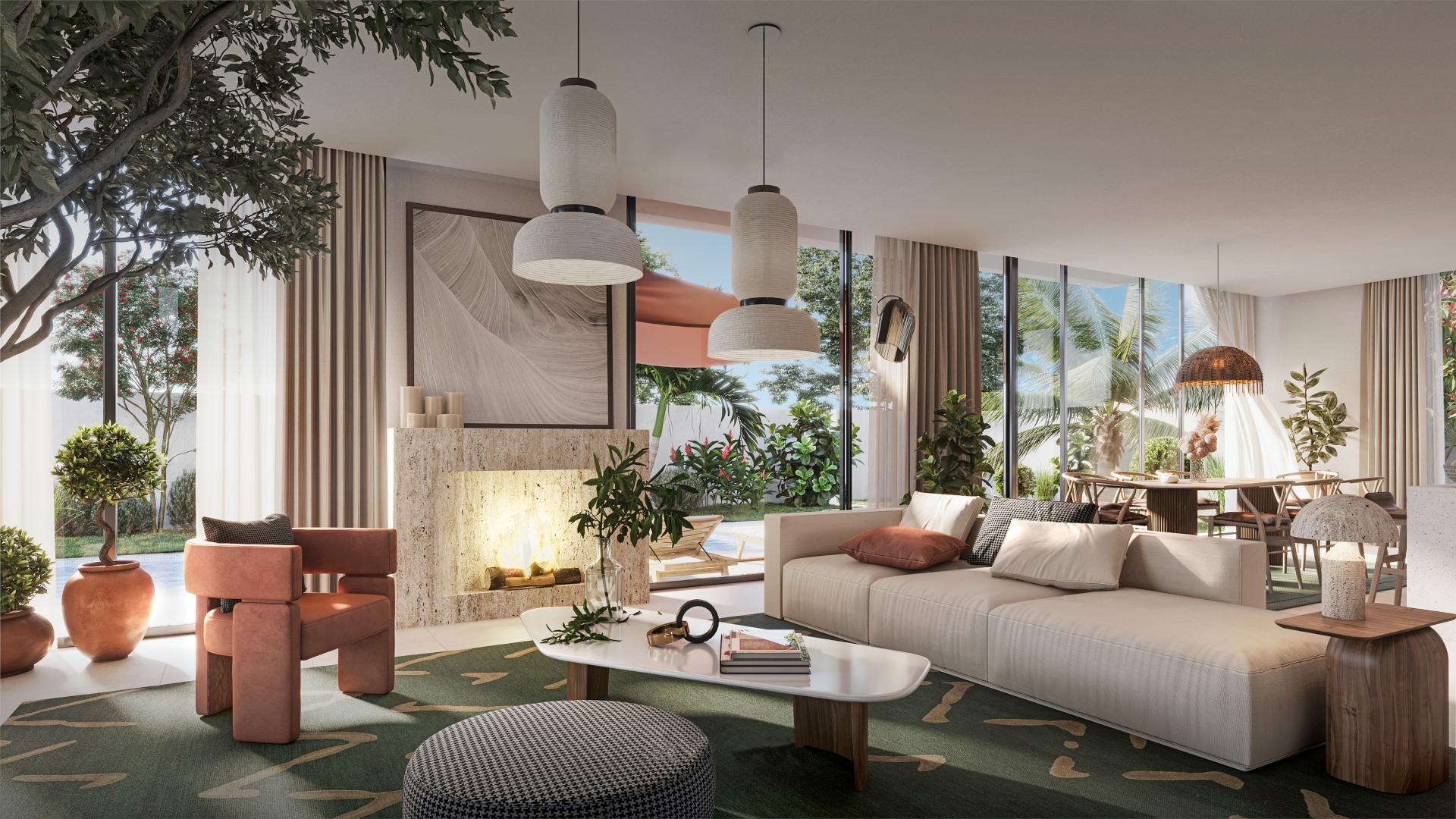 Luxurious villa living room with modern decor, large windows, and lush greenery view