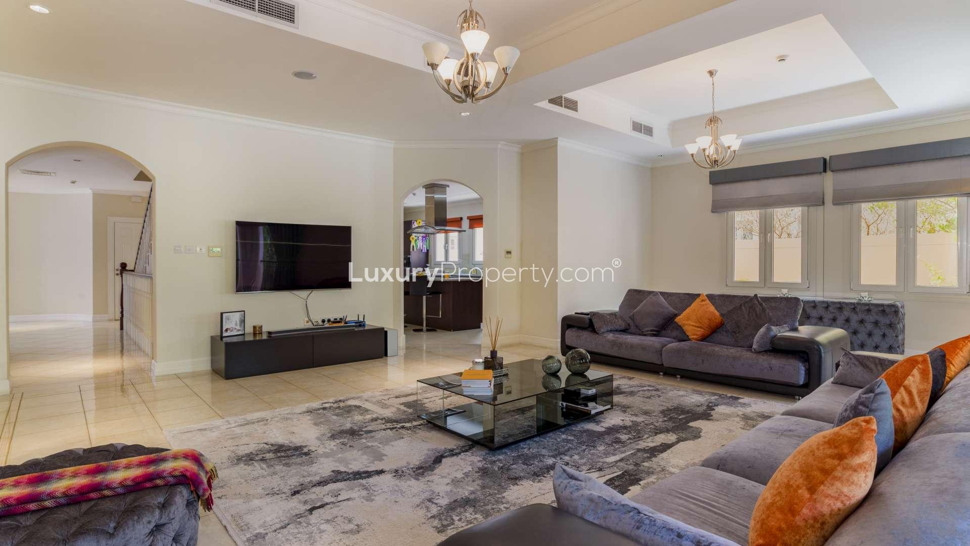 Exterior view of spacious villa for sale in Jumeirah Golf Estates, Fire community