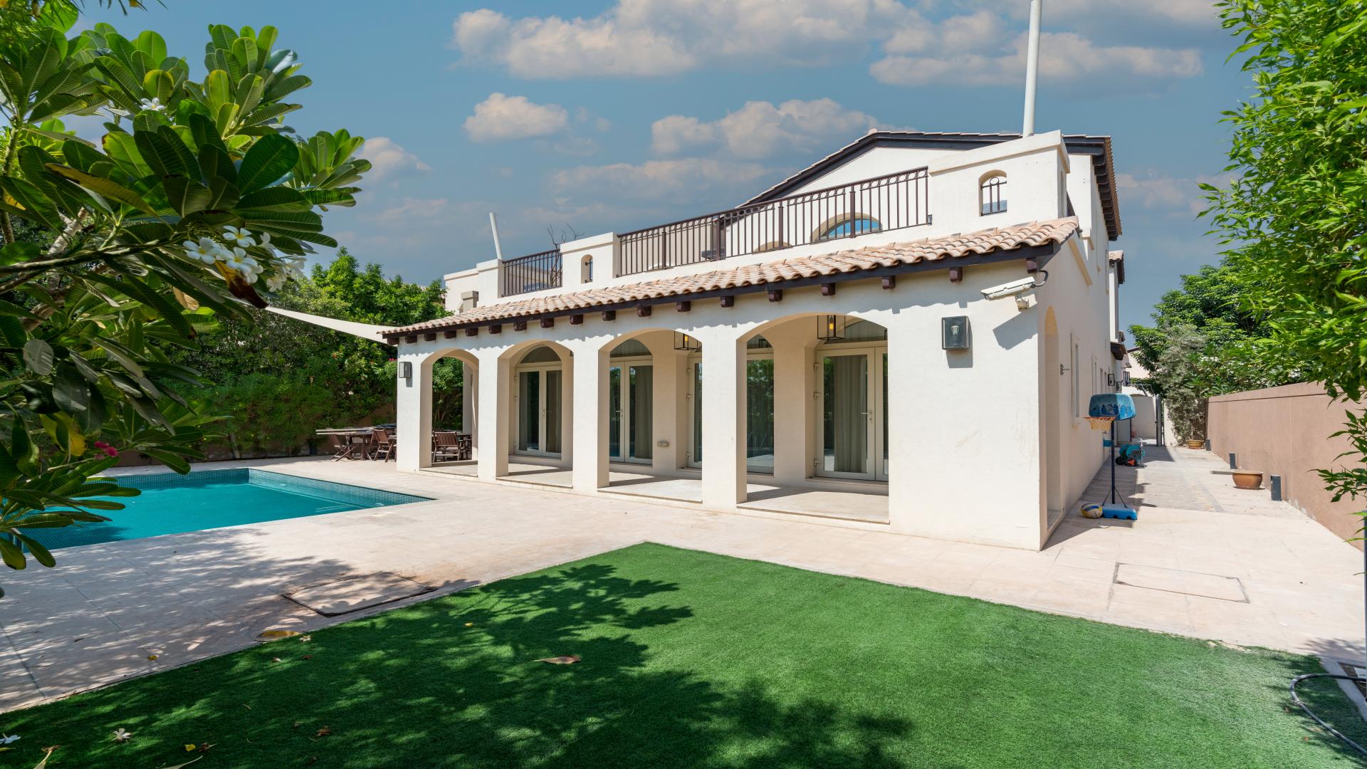 Stunning five-bed villa exterior in Jumeirah Golf Estates, Fire community, for sale