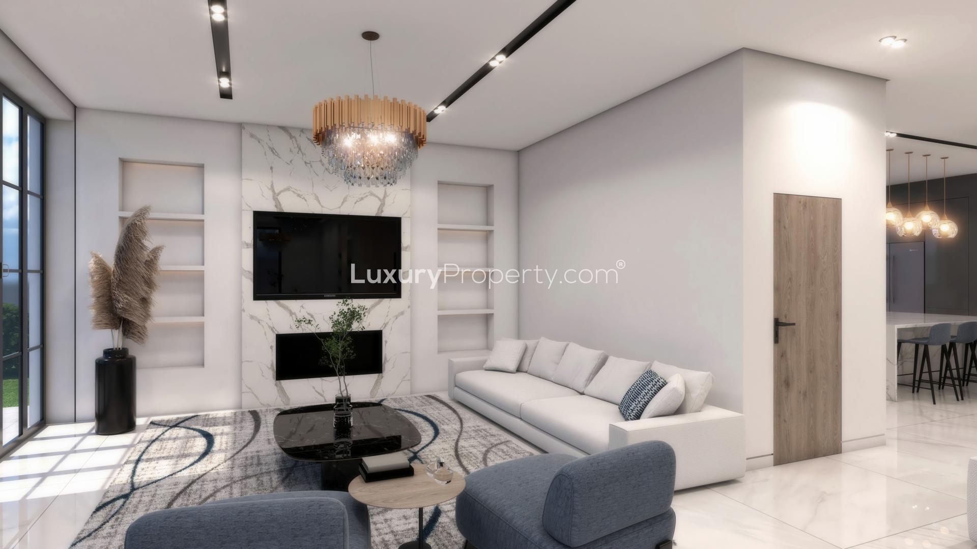 Modern kitchen with marble countertops in Sienna Lakes villa, Jumeirah Golf Estates