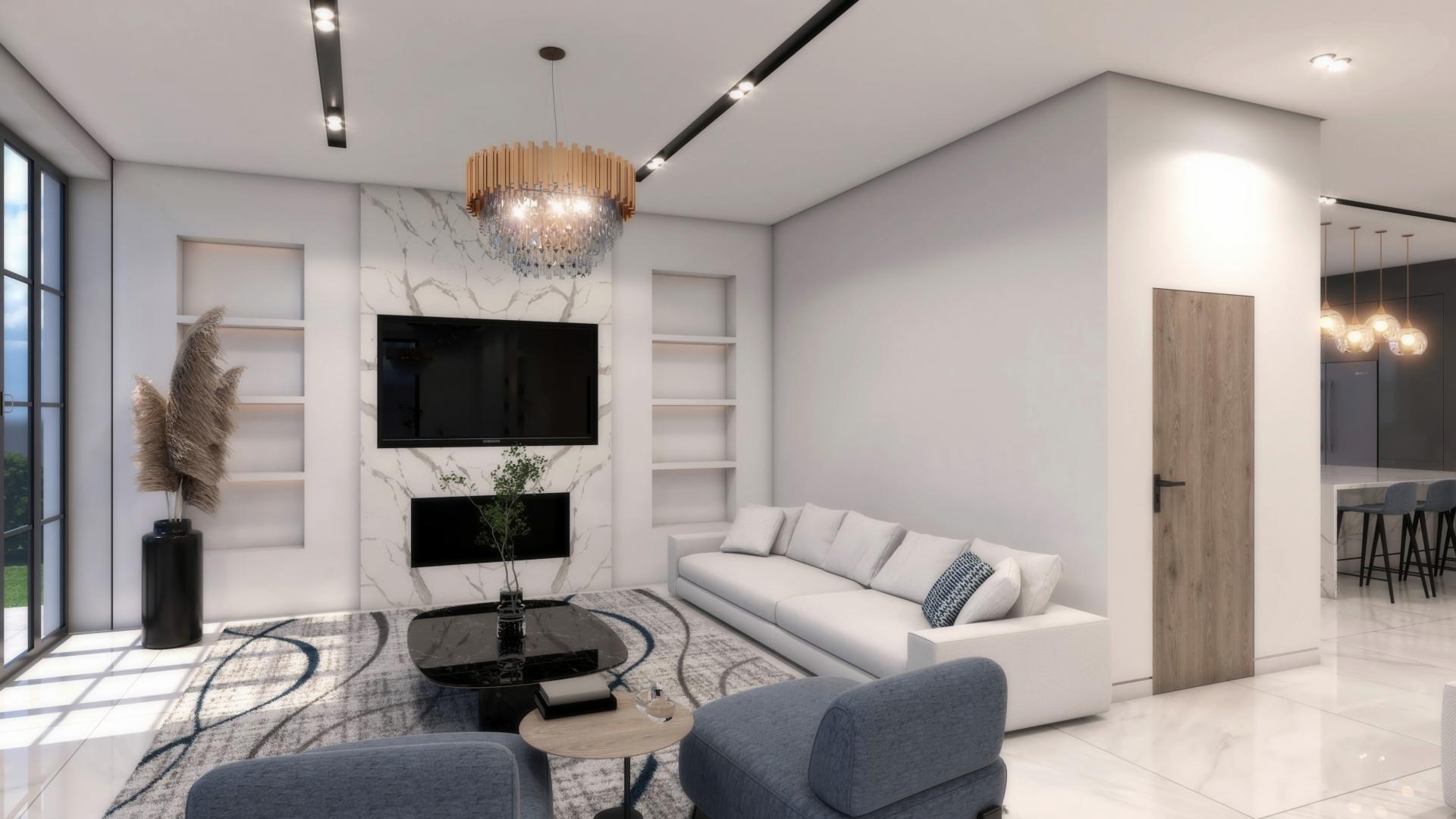 Modern kitchen with marble countertops in Sienna Lakes villa, Jumeirah Golf Estates