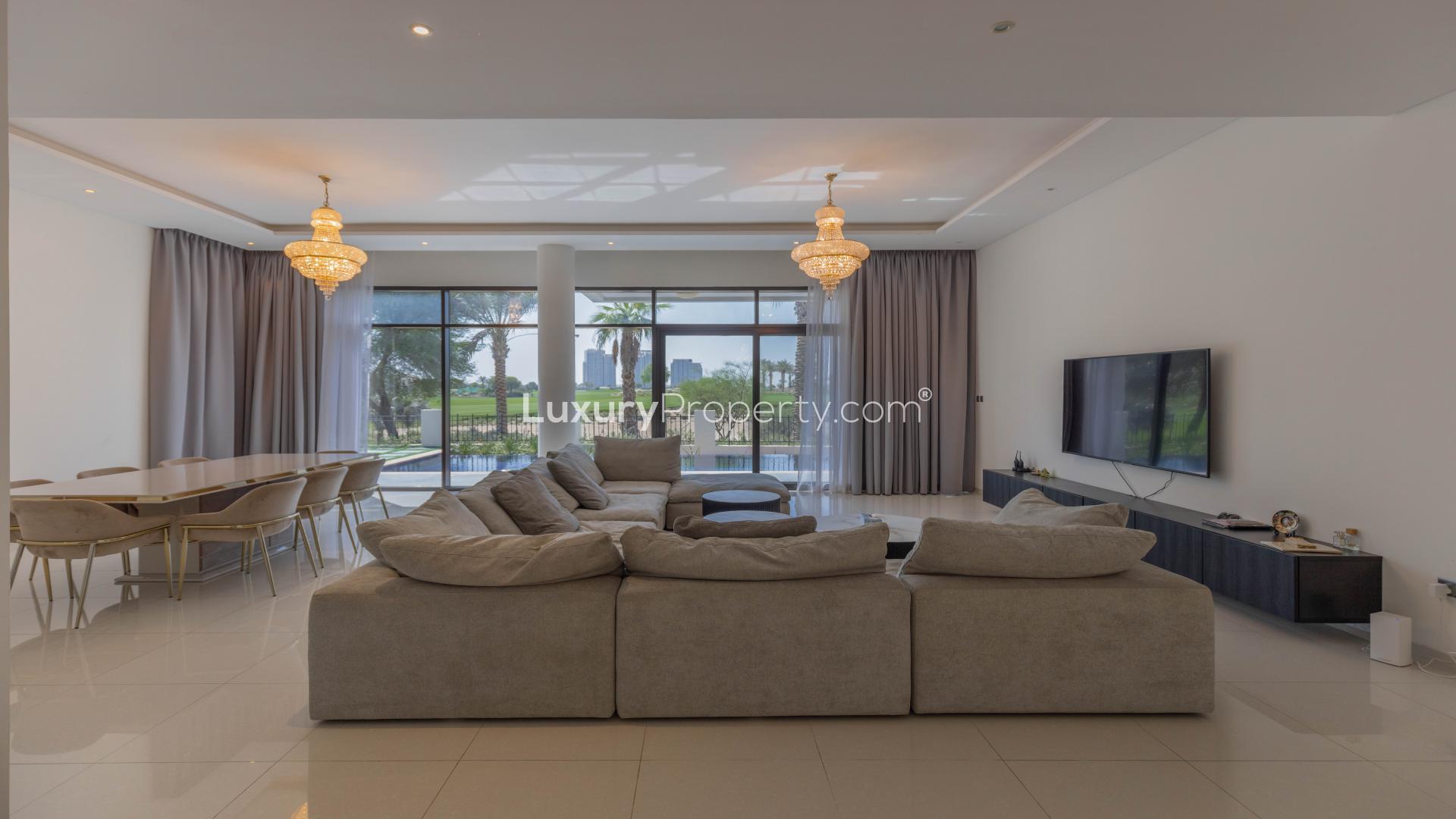 Luxurious living room in golf course facing villa, Damac Hills, Flora community