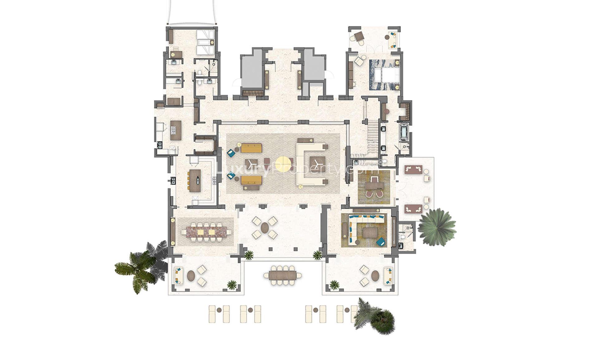 Floorplan of 5-bedroom villa in Four Seasons, Sharm el Sheikh, with pool and garden