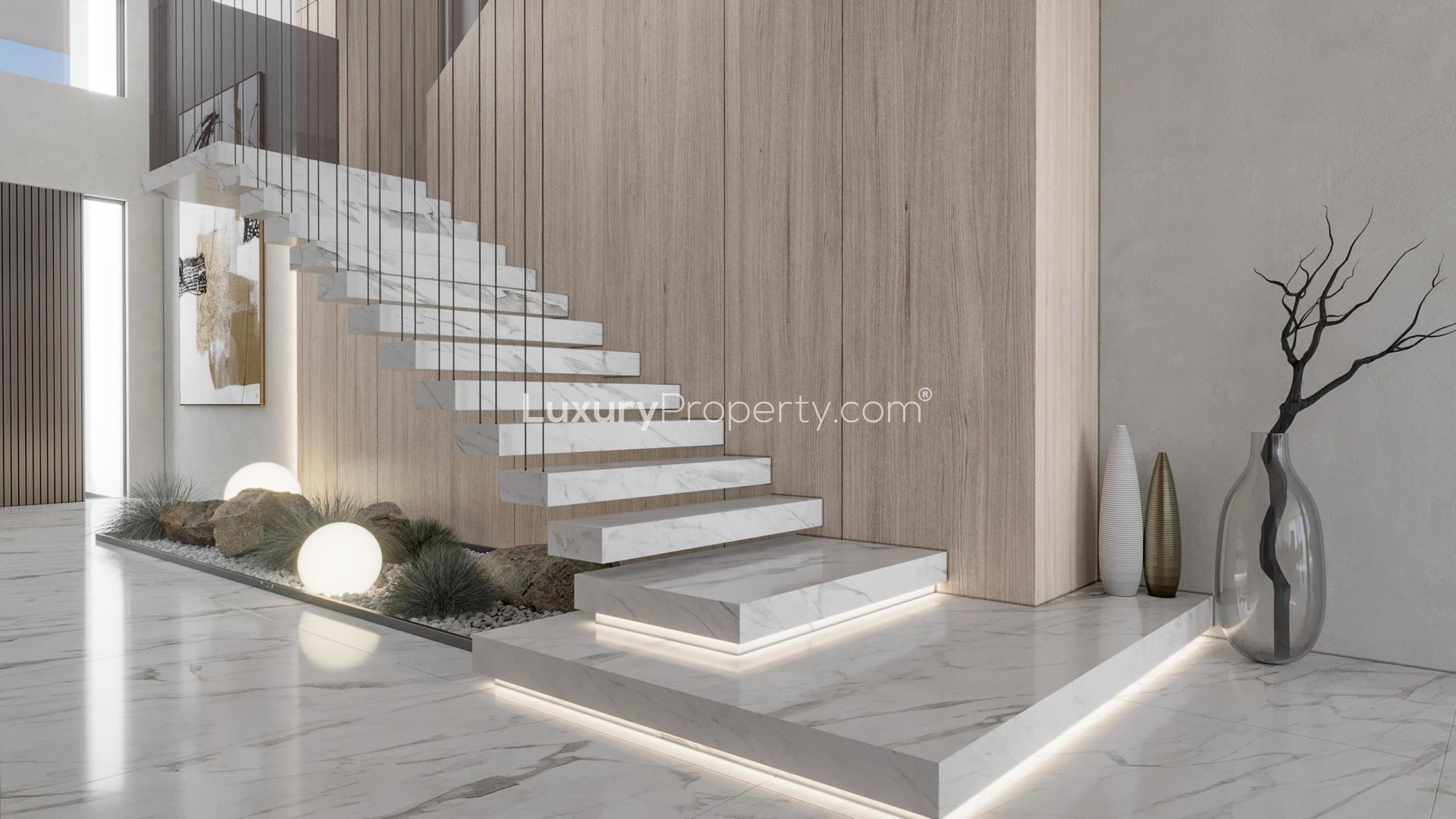 Ultra sleek contemporary villa exterior with garden, Palm Jumeirah, modern design and lighting