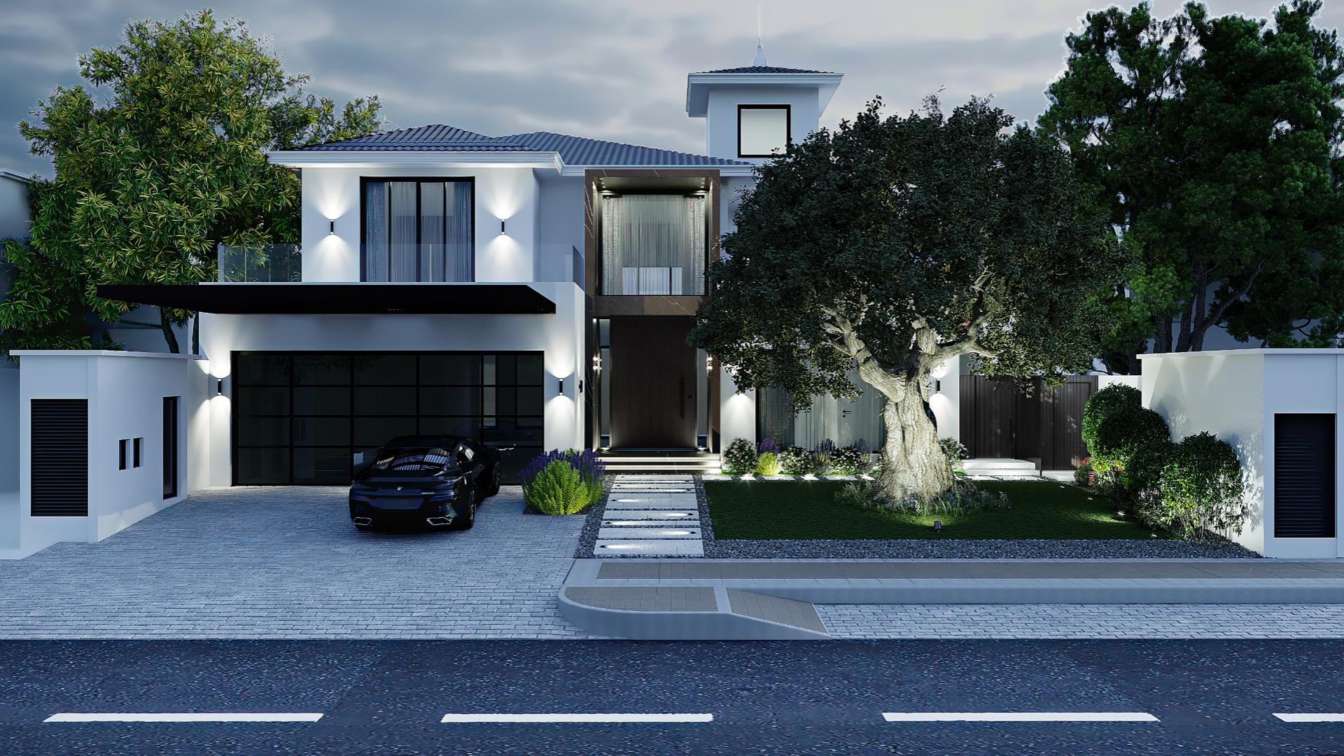 Ultra sleek contemporary villa facade in Palm Jumeirah, featuring modern design and lush garden