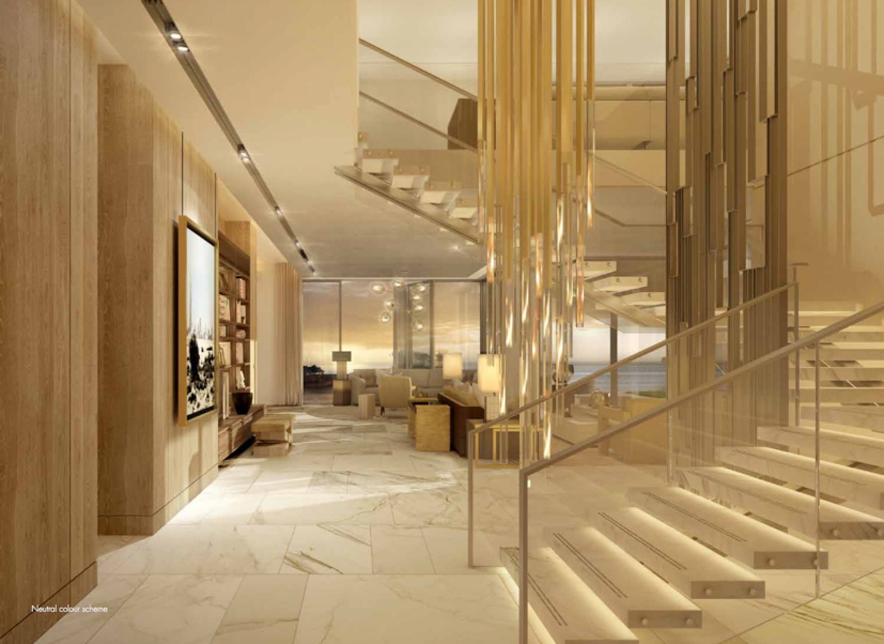 Elegant living room in Palm Jumeirah villa with modern decor and open kitchen