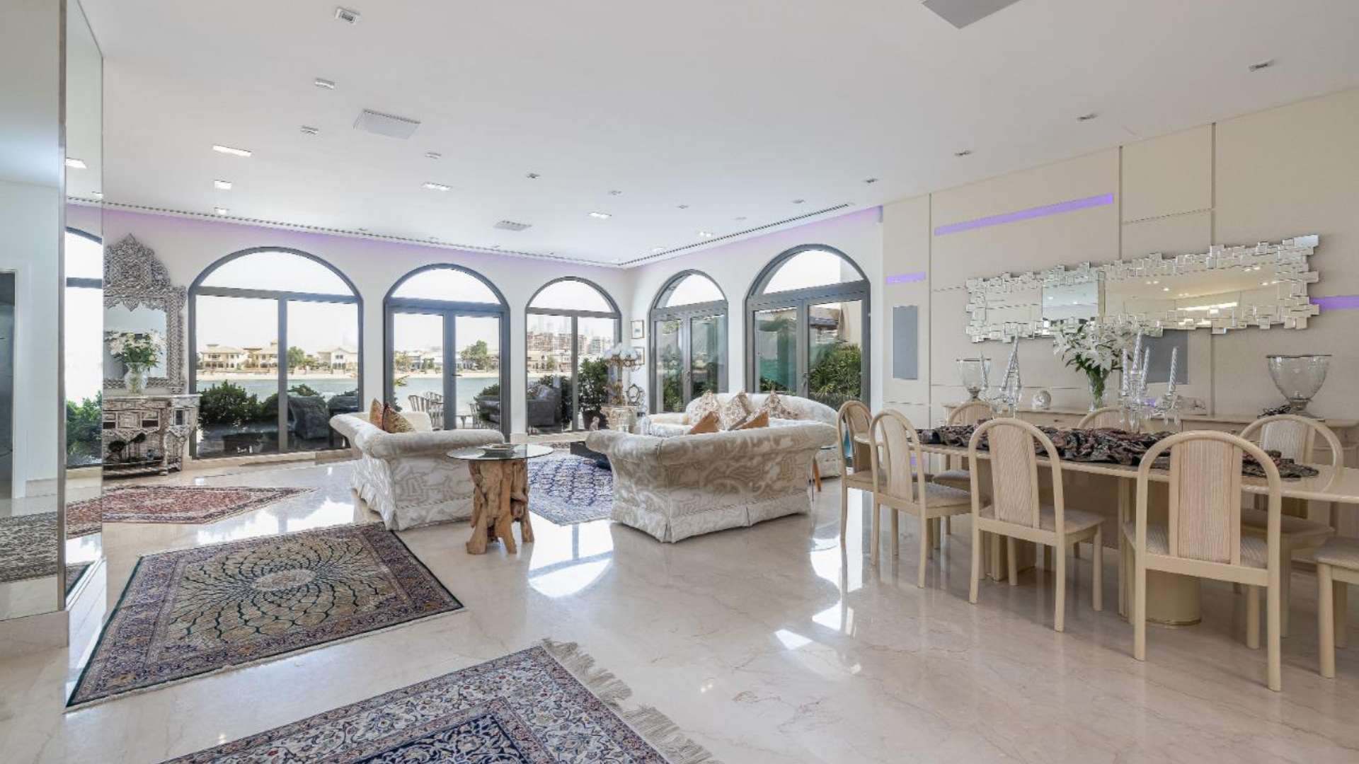 Luxurious living room in fully renovated villa, Palm Jumeirah, featuring elegant decor and design