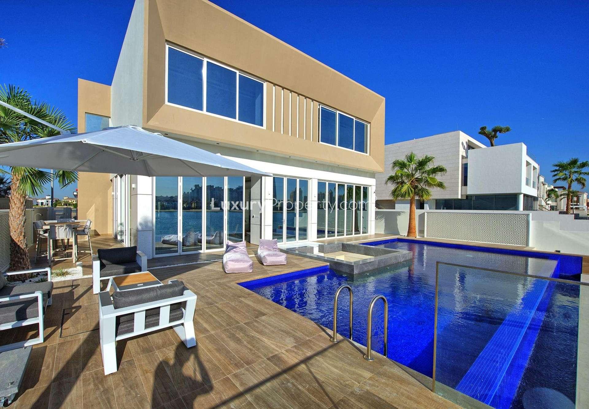 Luxurious villa patio with pool and sea view on Palm Jumeirah, Dubai