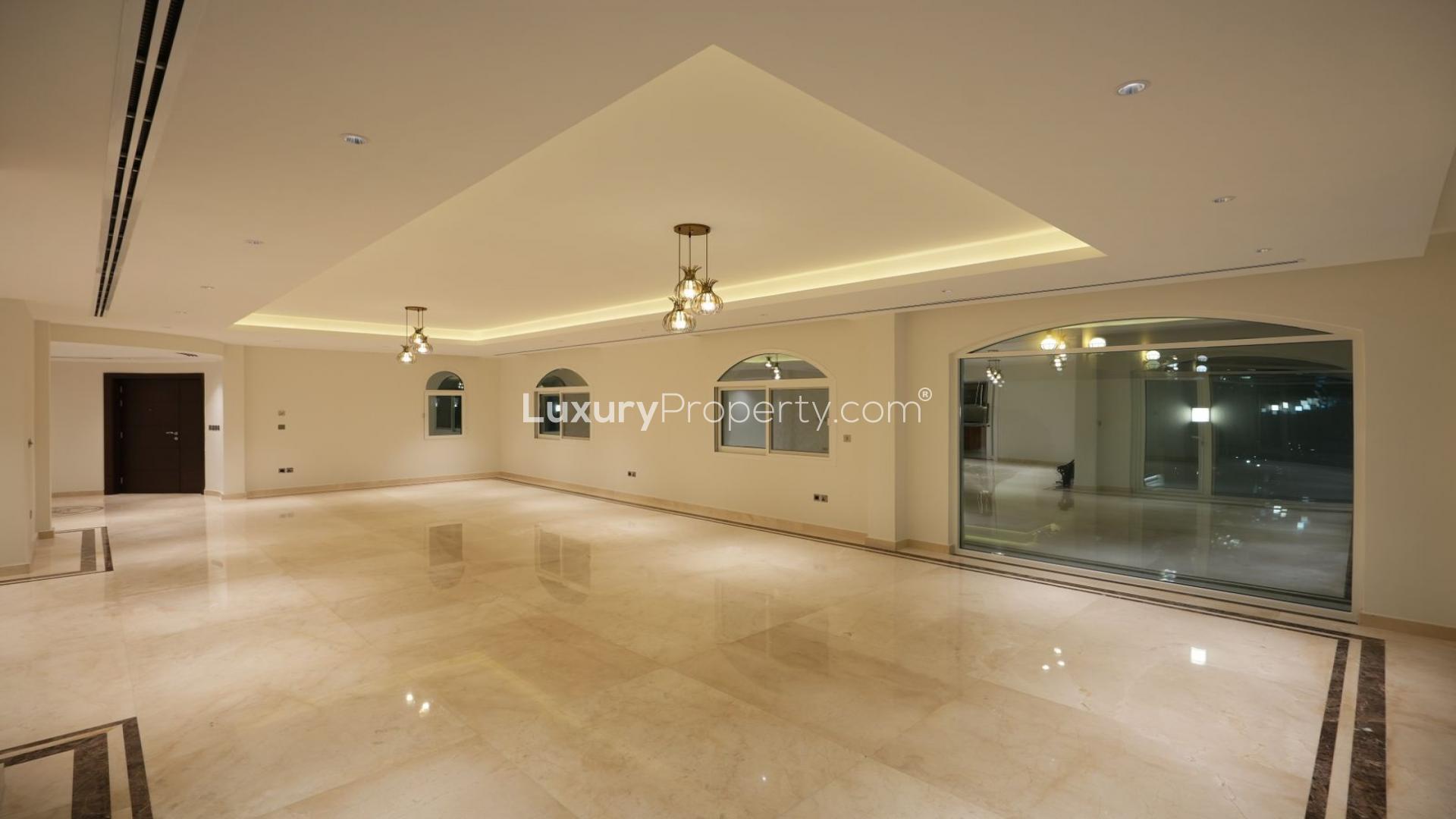 Luxurious bathroom in Jumeirah Park Legacy villa, featuring dual sinks and elegant design