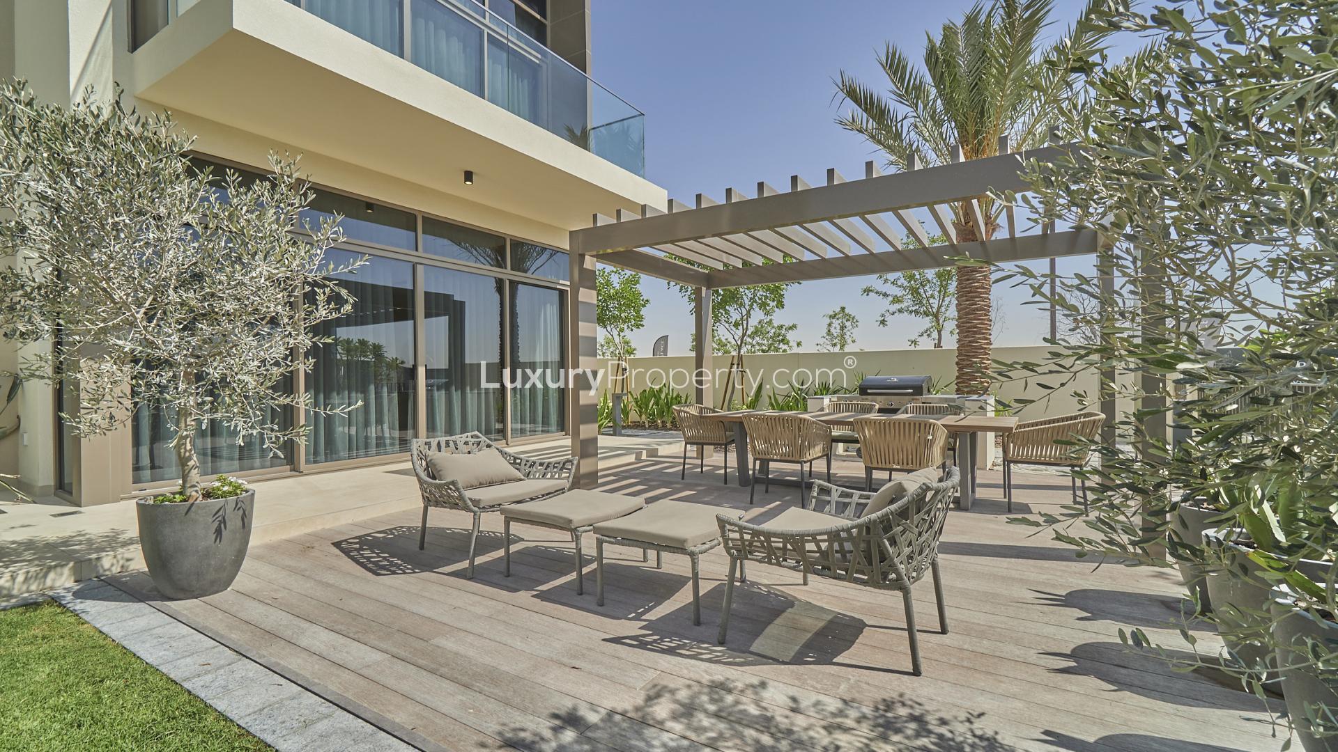 Brand new five-bedroom villa exterior with garden, Dubai Hills Estate, Golf Place