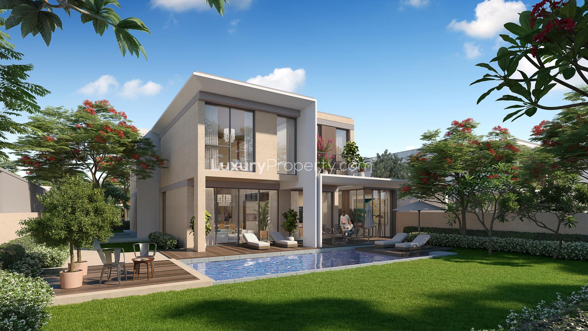 Beautiful 5-bedroom villa exterior with garage in Tilal Al Ghaf, Harmony II community
