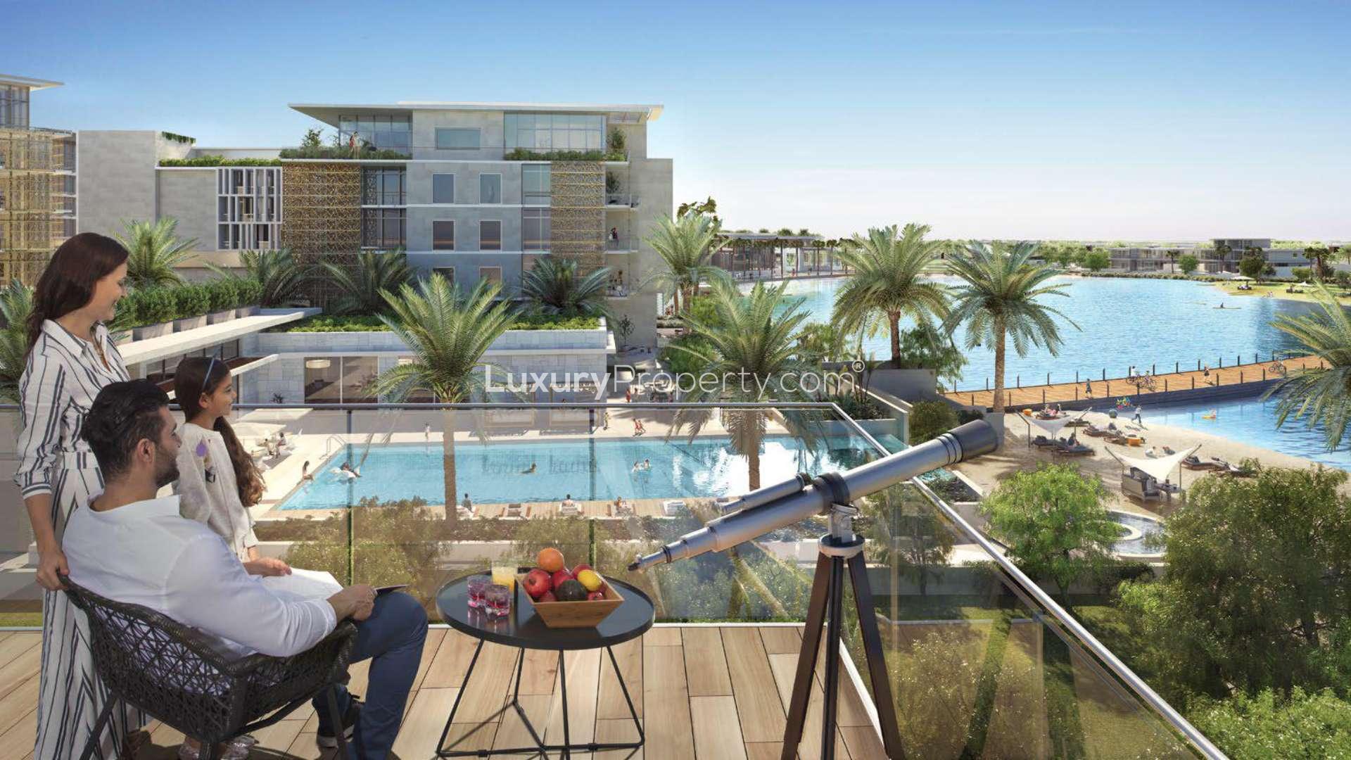 Luxurious five-bedroom villa exterior with pool in Harmony II, Tilal Al Ghaf