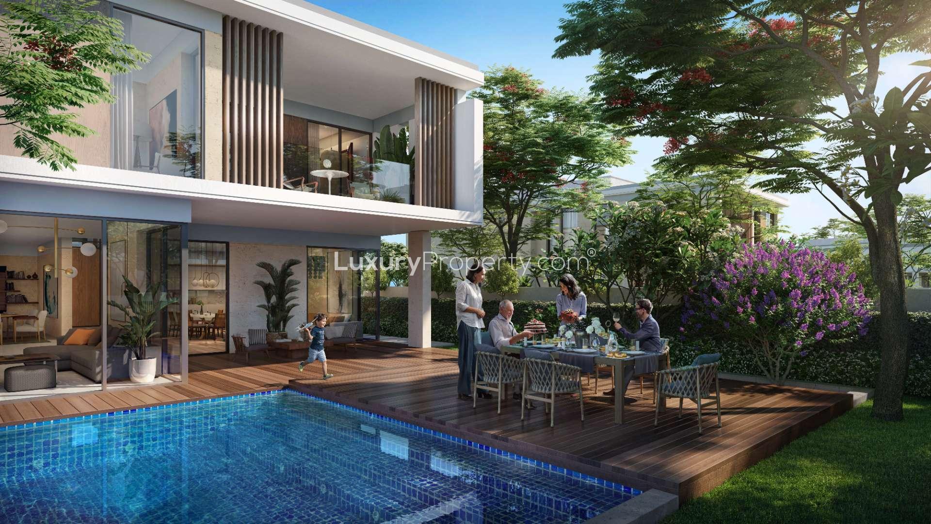 Modern 5-bedroom villa with terrace, pool, and garden in Harmony, Tilal Al Ghaf community