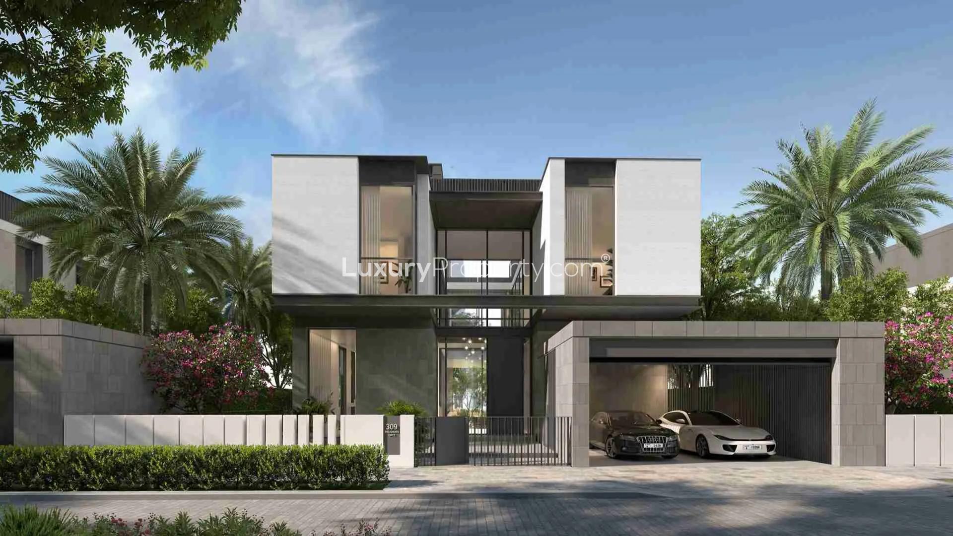 Modern 5-bed villa exterior in The Sanctuary, Mohammed Bin Rashid City, with garage and greenery