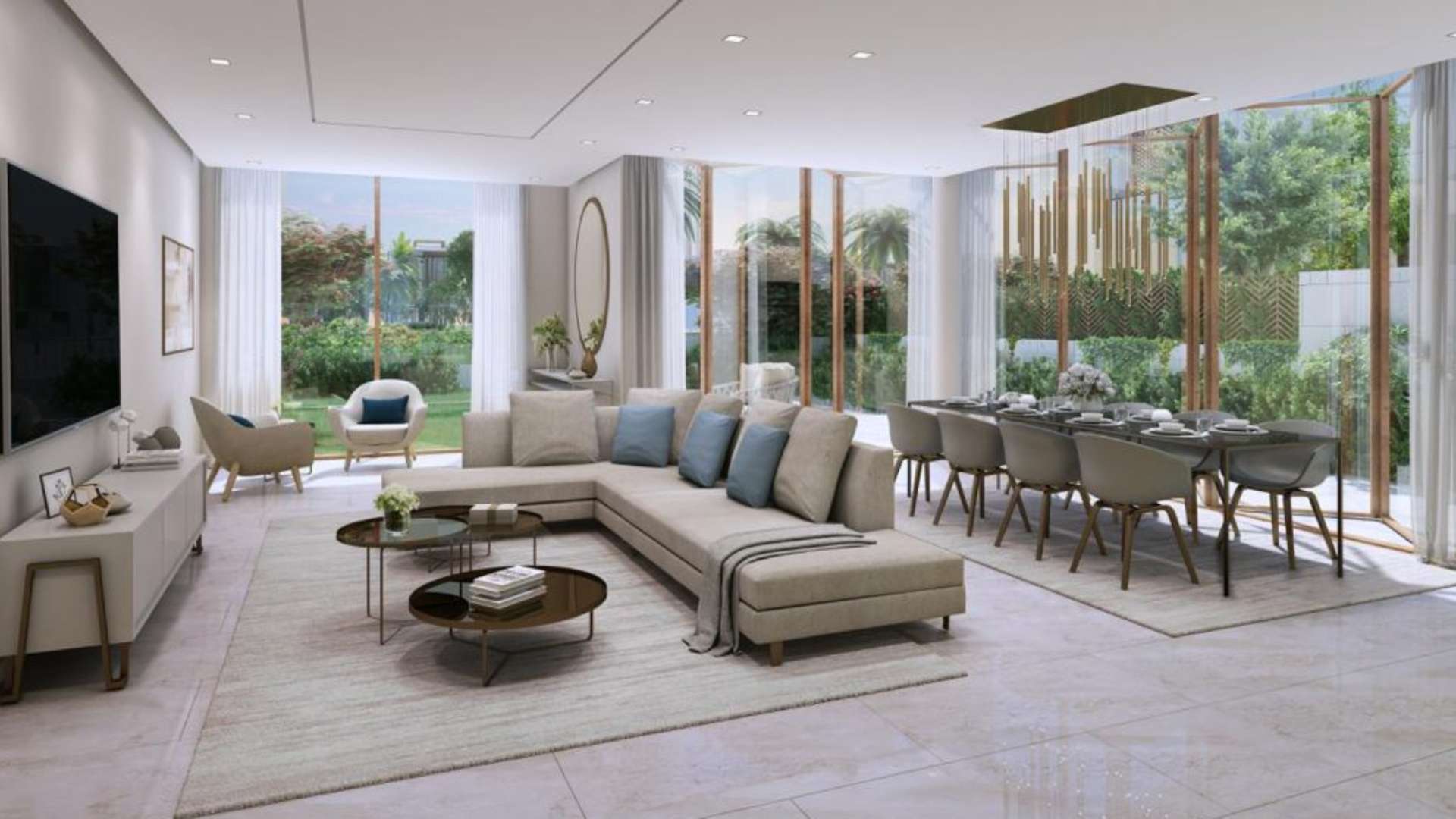 Modern villa exterior on Jumeirah Bay Island with palm trees and landscaped surroundings