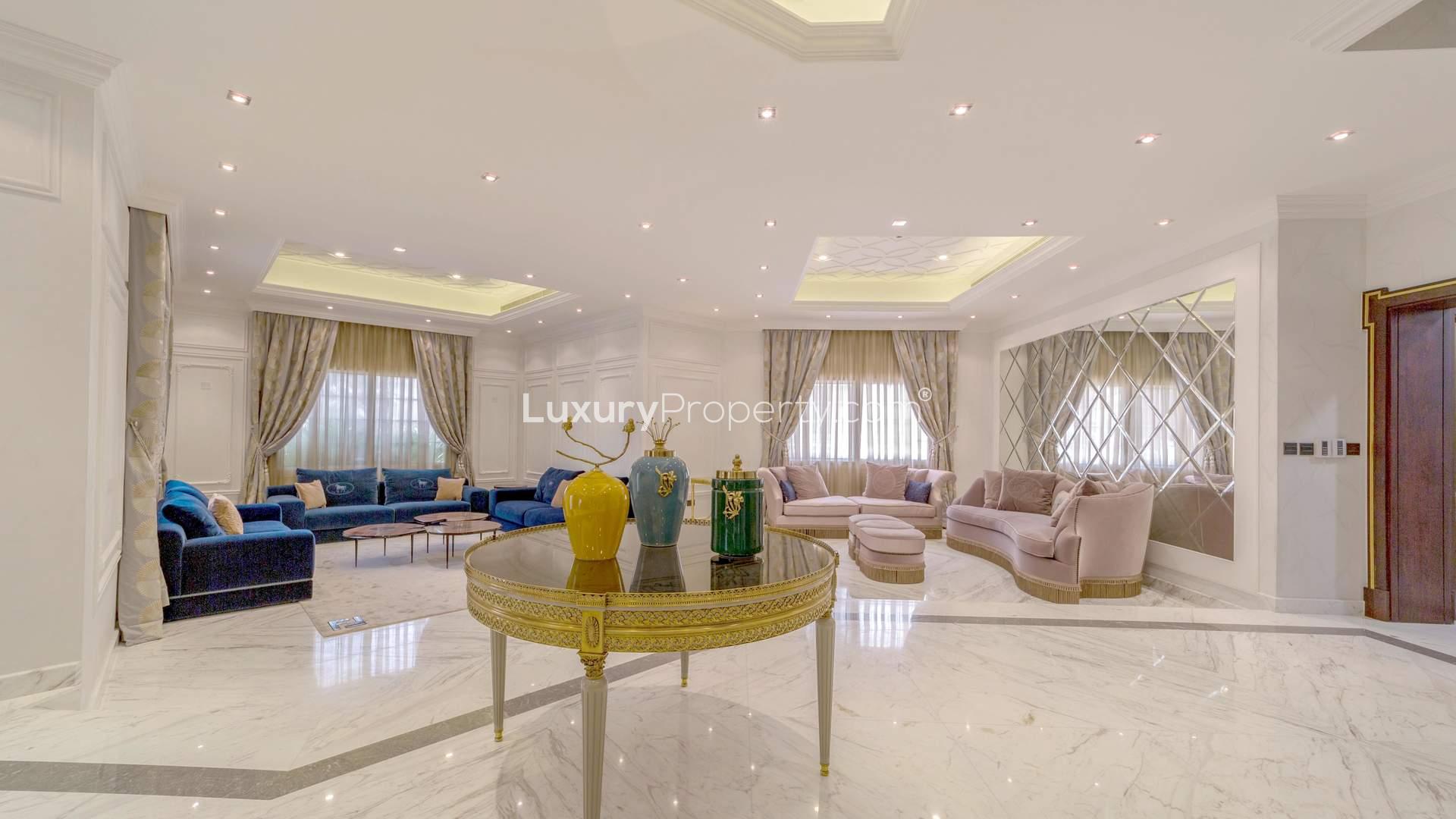 Elegant family villa exterior in Jumeirah, Al Manara, with landscaped courtyard and grand entrance