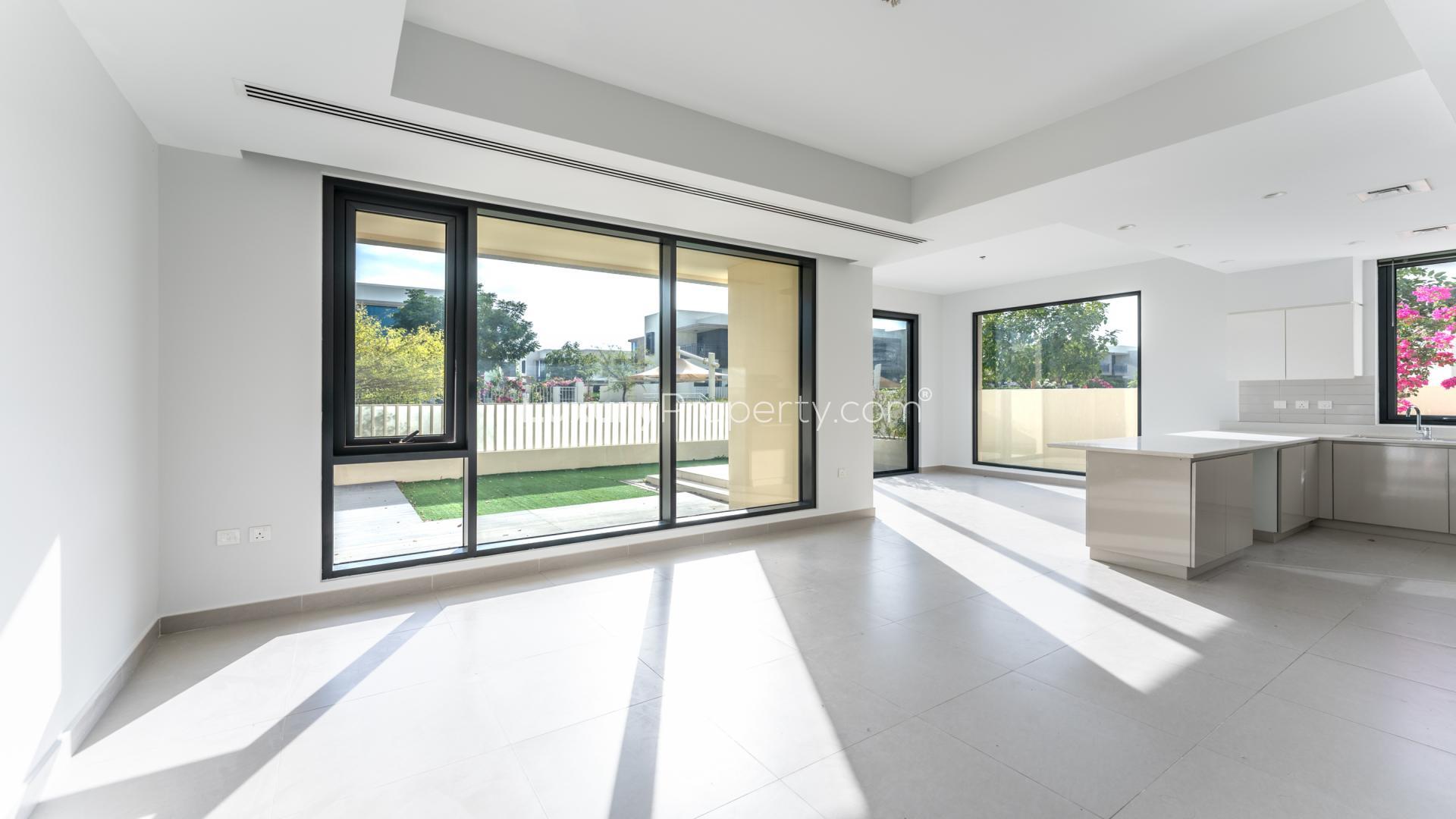 Modern villa exterior with spacious patio in Maple 1, Dubai Hills Estate