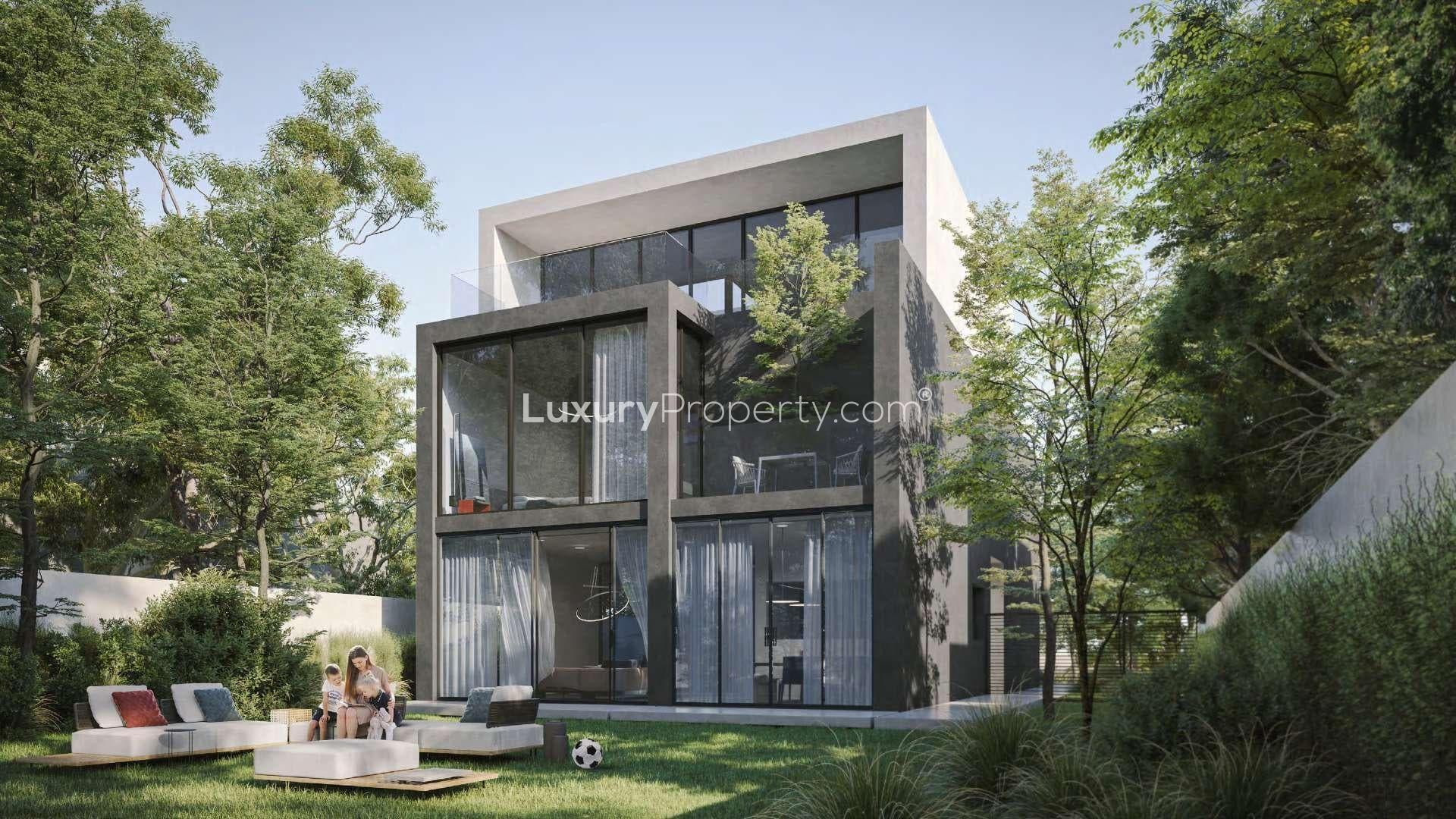 Stunning modern five-bedroom villa exterior in Jouri Hills, Jumeirah Golf Estates, for sale