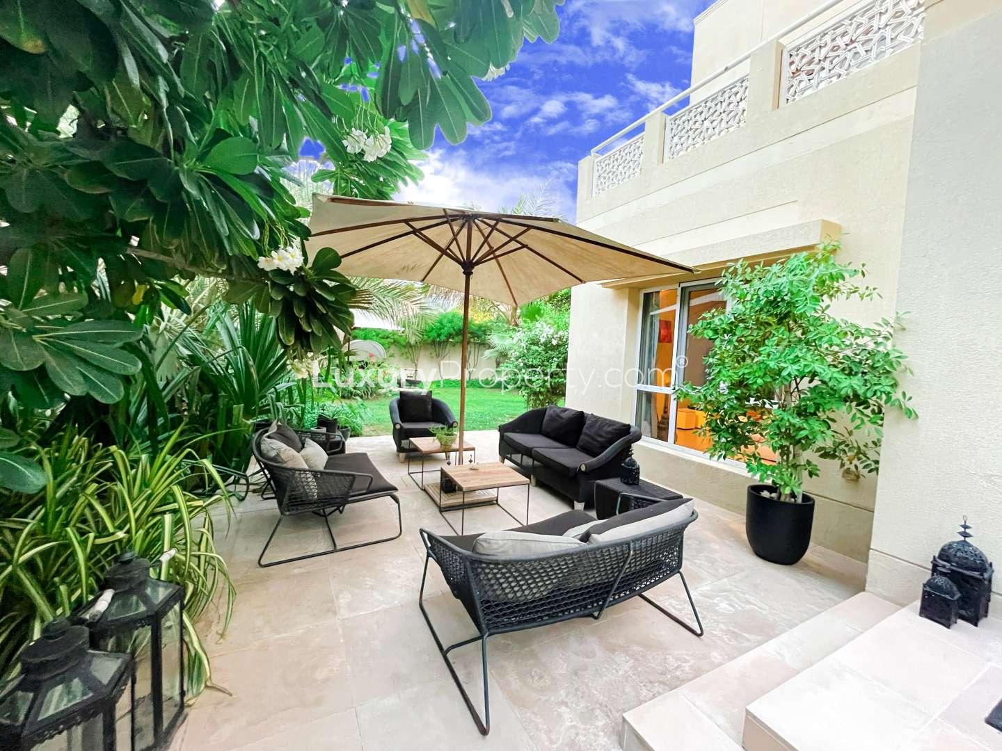 Lush garden view of spacious 5-bedroom villa for sale in Meadows 3, Emirates Living