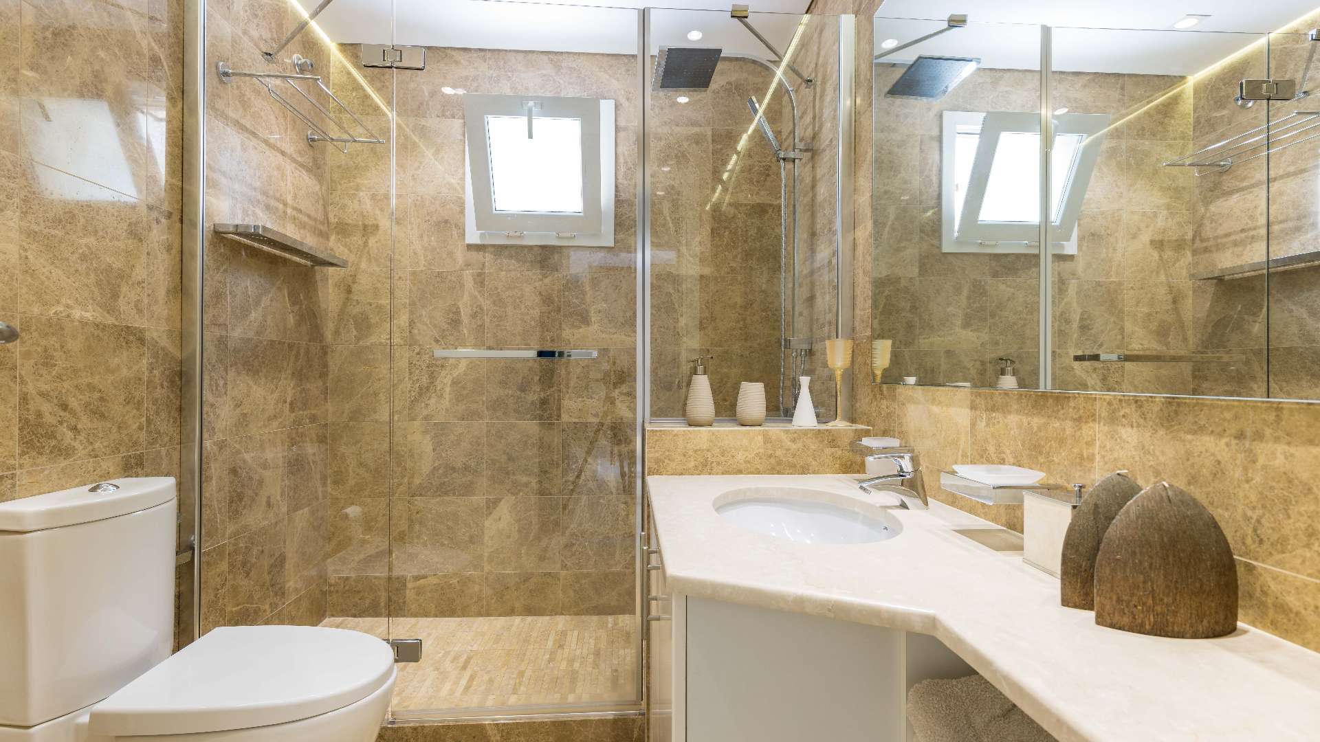 Luxurious bathroom in upgraded 5-bedroom villa, Meadows 2, Emirates Living, with modern amenities