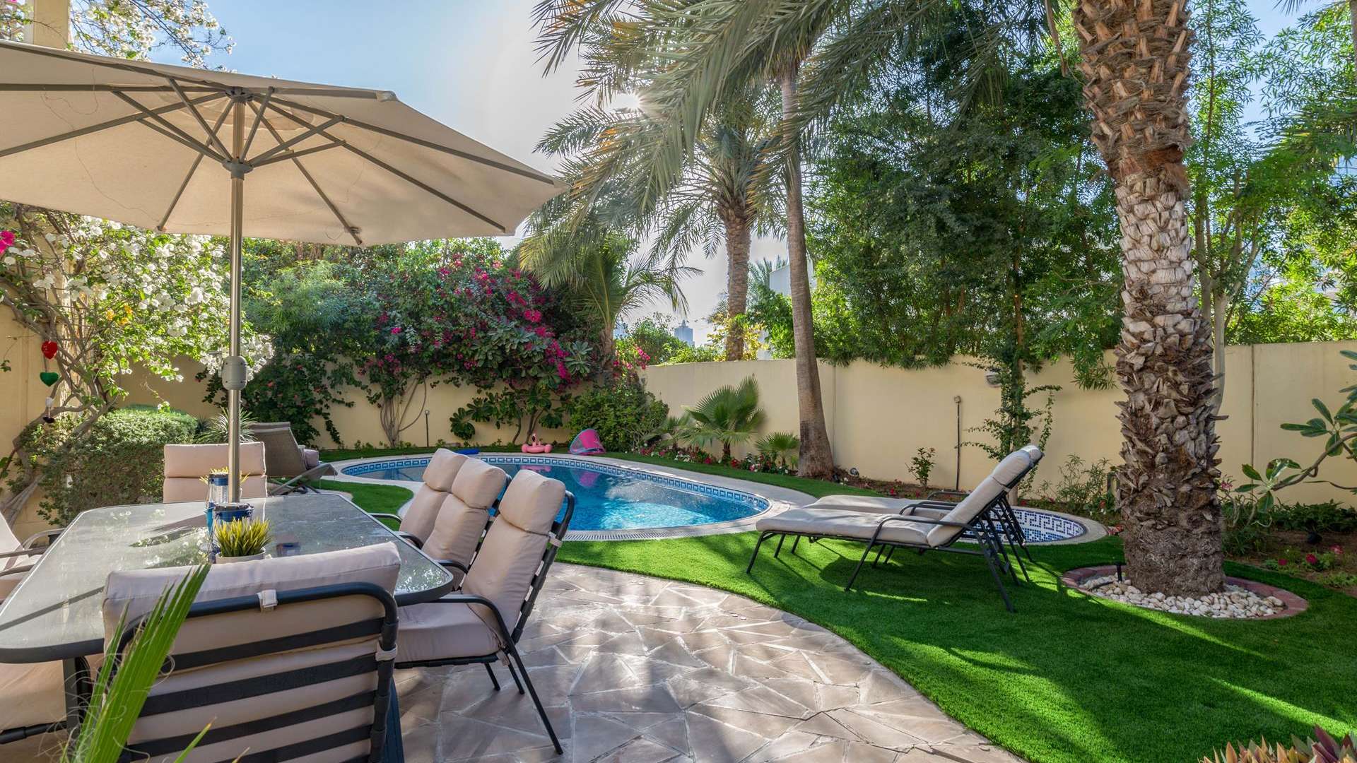 Private pool in spacious villa, Meadows 1, Emirates Living, lush garden setting