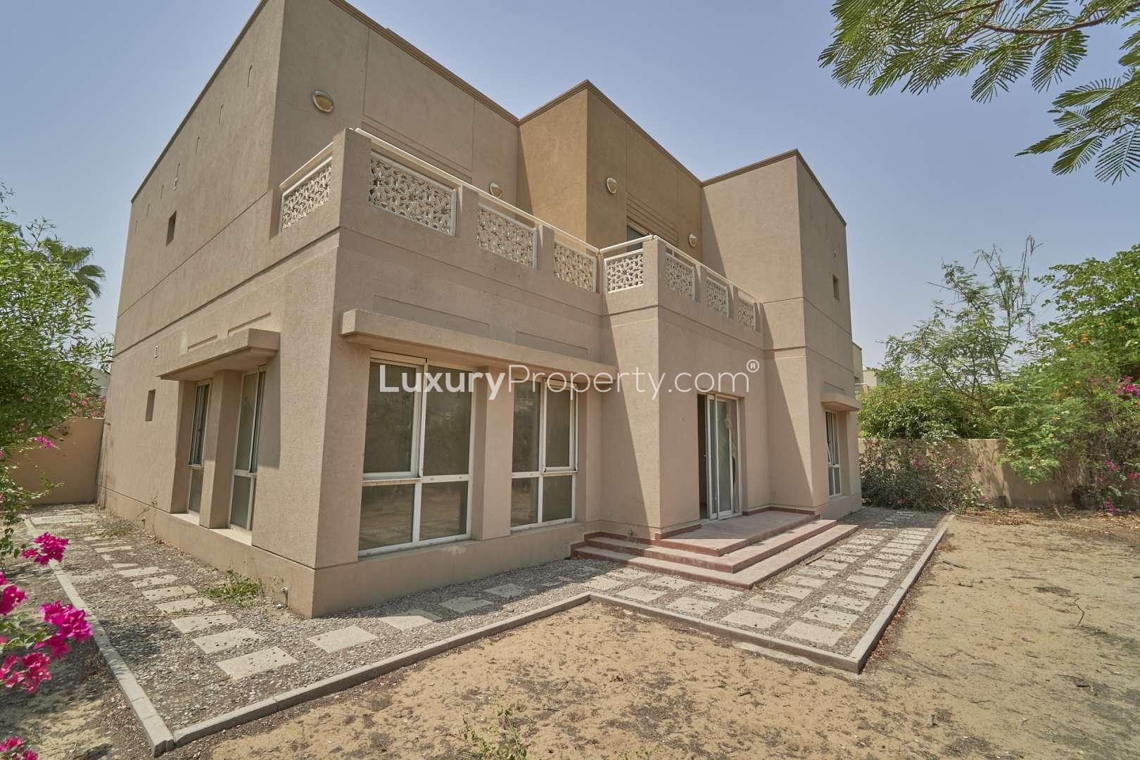 Rear garden view of five-bedroom villa for sale in Meadows 5, Emirates Living