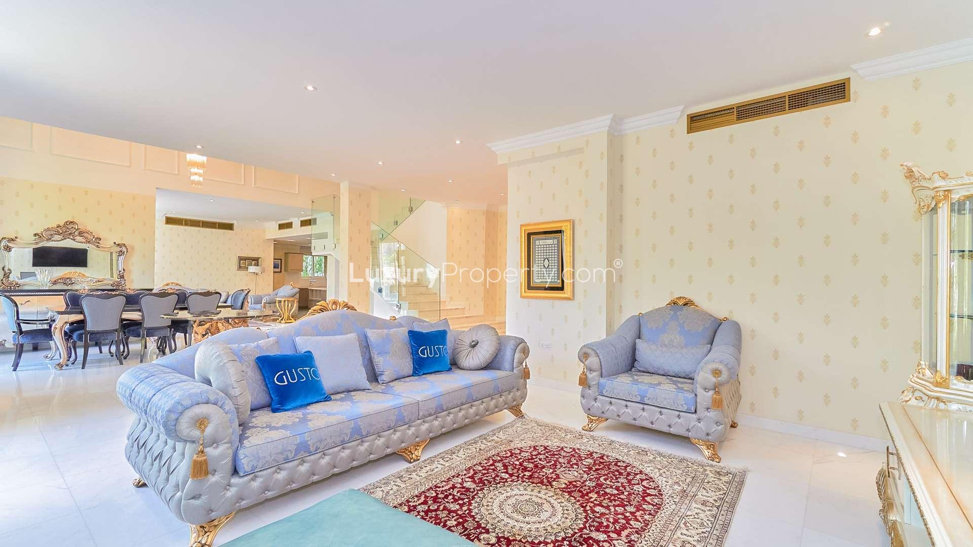 Luxurious living room in upgraded Jumeirah Islands villa, Mediterranean Clusters, for sale