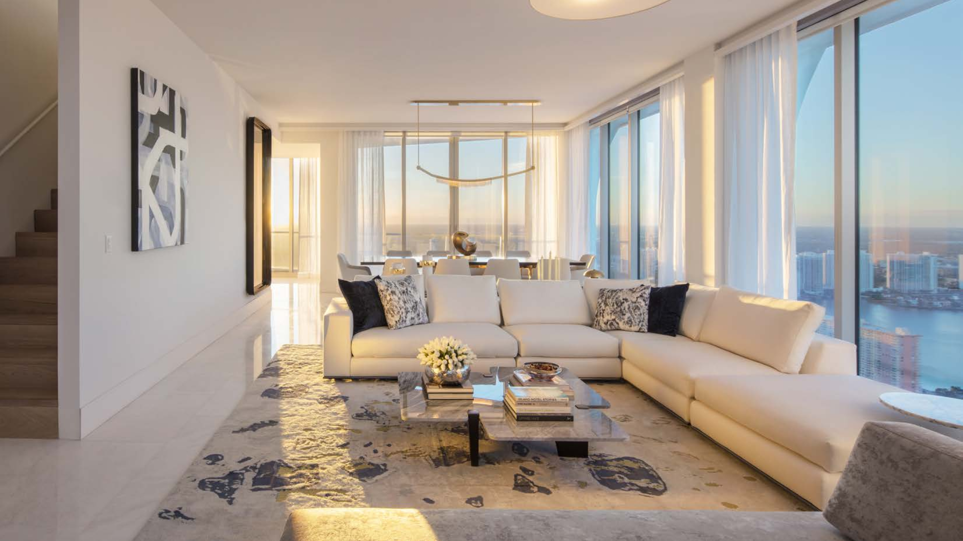 Luxurious Miami villa living room with ocean views, modern decor, and elegant furnishings