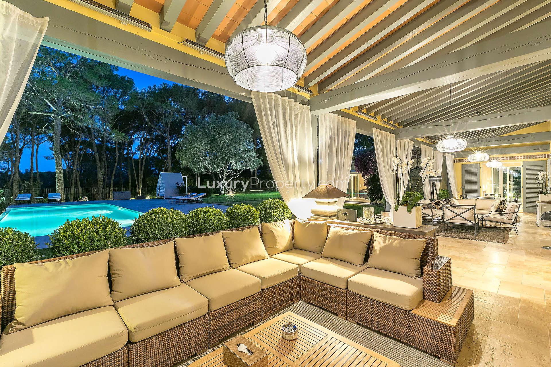 Exceptional villa in Mougins, French Riviera, with landscaped garden and evening lighting
