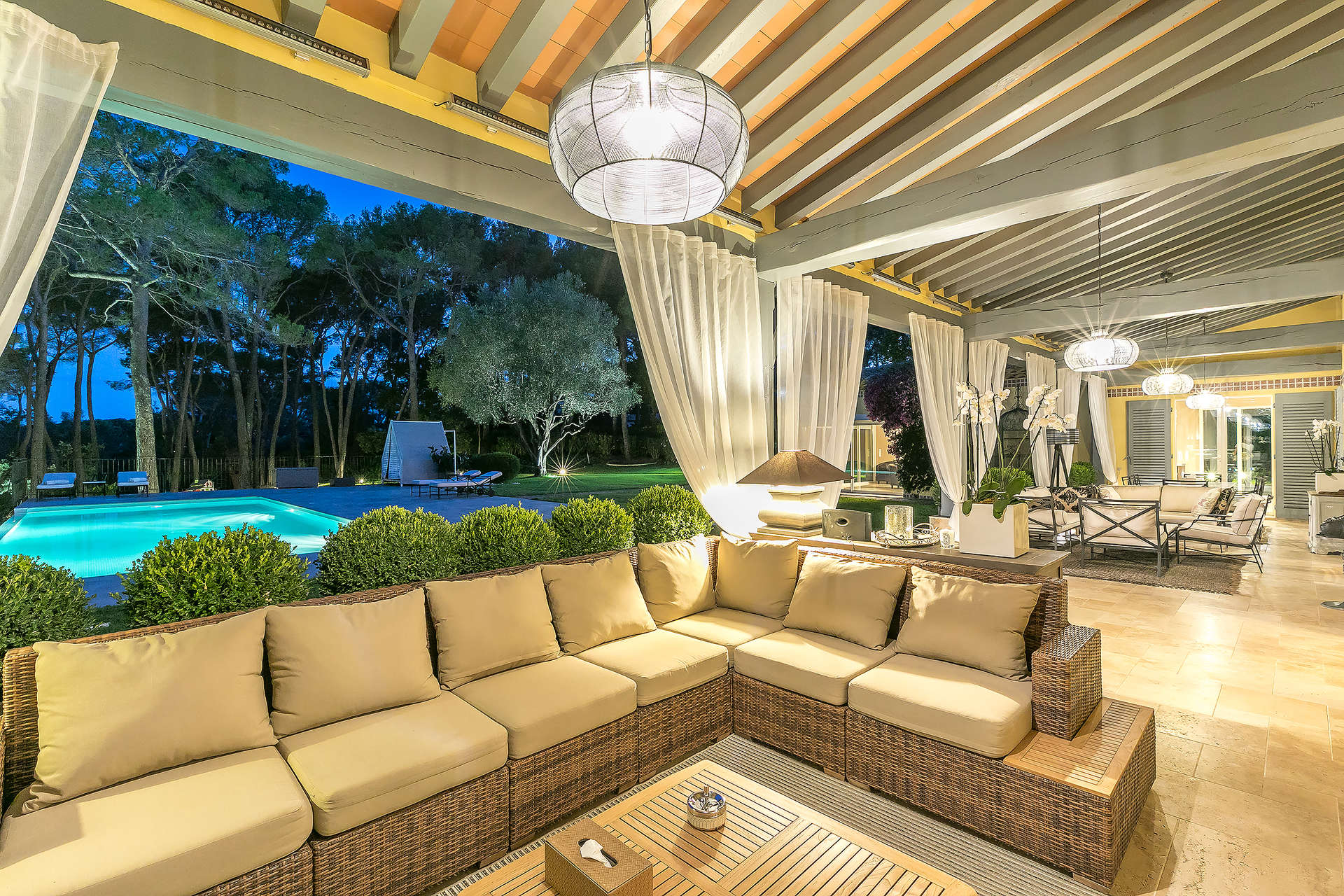 Exceptional villa in Mougins, French Riviera, with landscaped garden and evening lighting