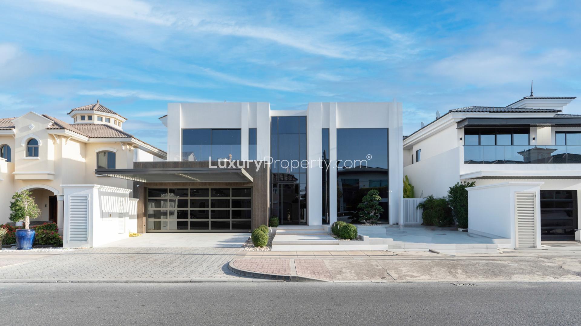 Upgraded five-bedroom villa exterior in Garden Homes, Palm Jumeirah, for sale