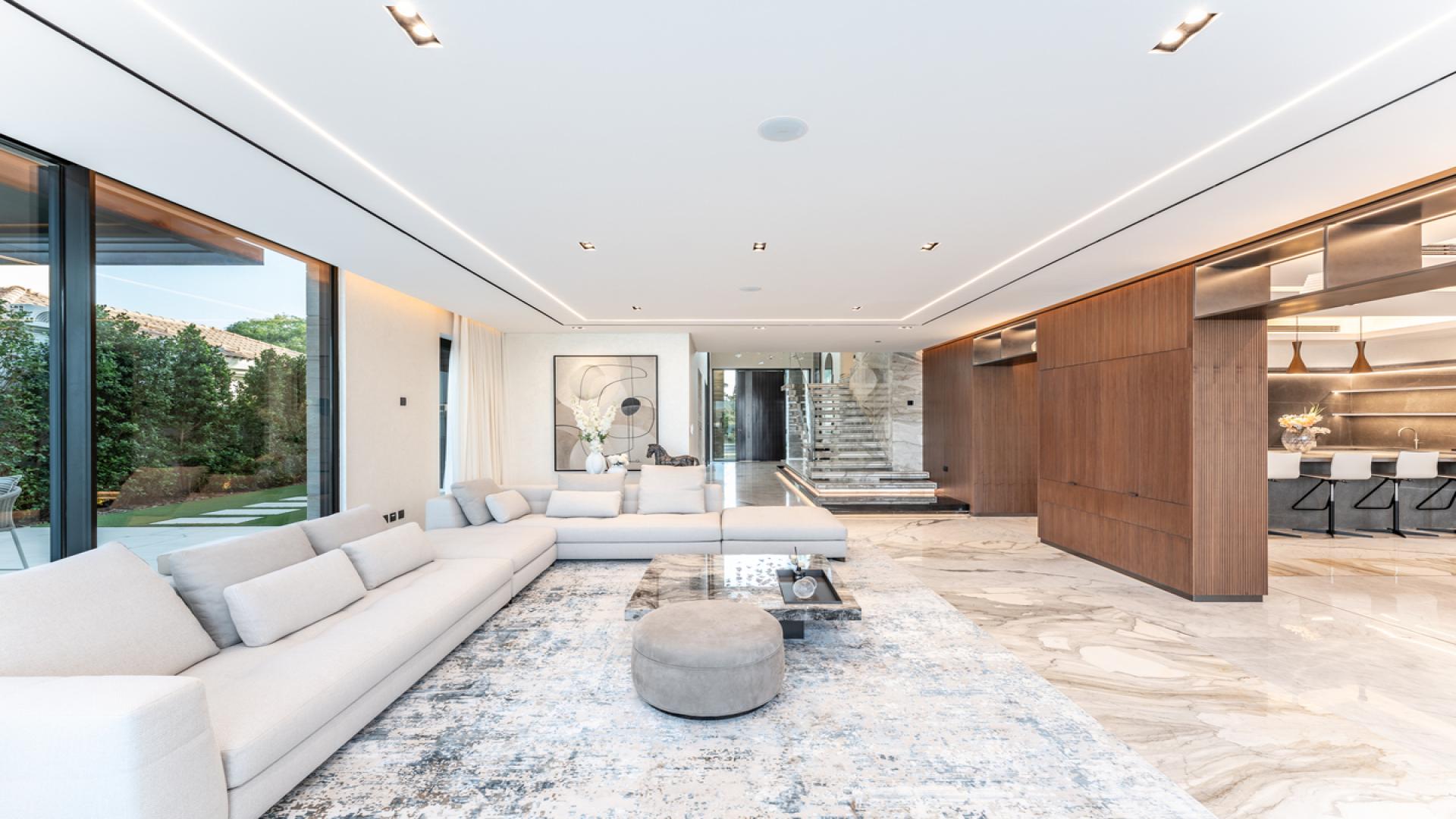 Luxurious living room in Palm Jumeirah villa with modern design and elegant furnishings