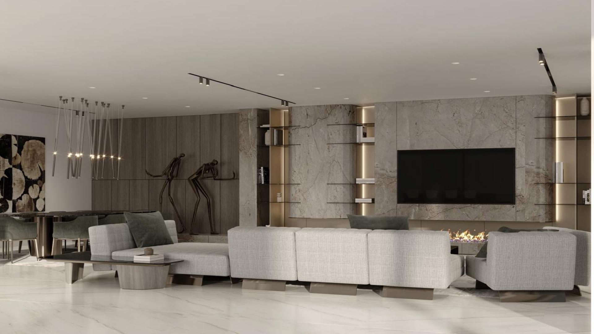 Modern kitchen design in luxury Palm Jumeirah villa, featuring sleek cabinetry and marble countertops