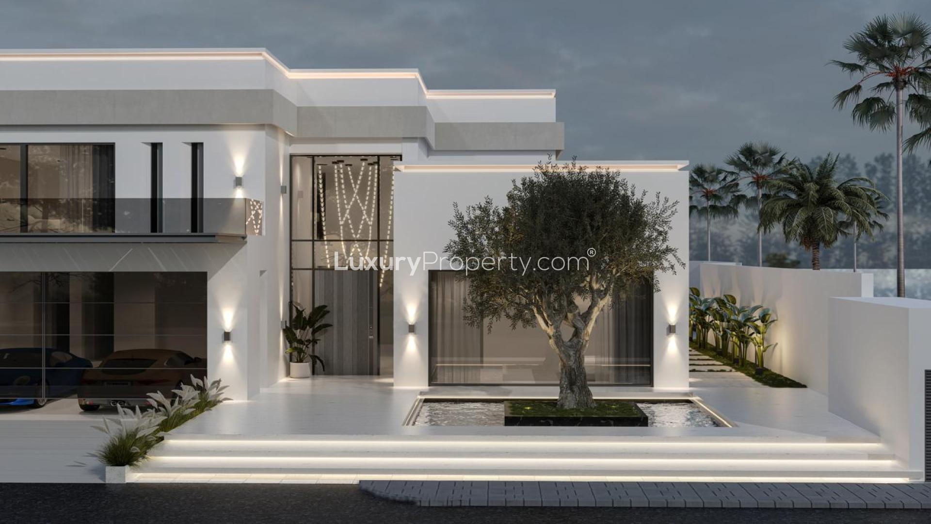 Luxurious living room in Palm Jumeirah villa, featuring modern design and elegant furnishings