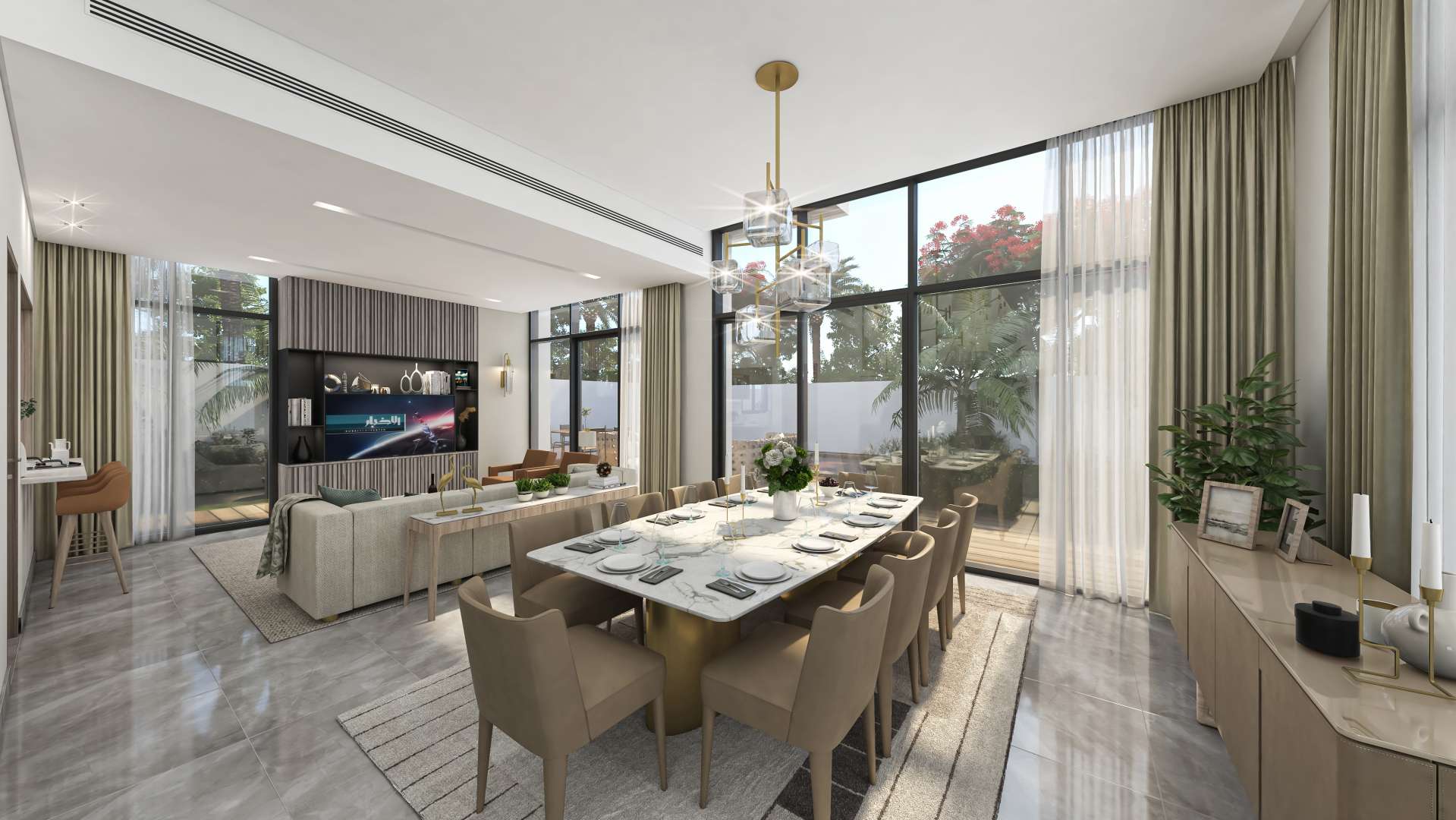 Luxurious modern villa exterior in Murooj Al Furjan with tropical landscaping and parked cars