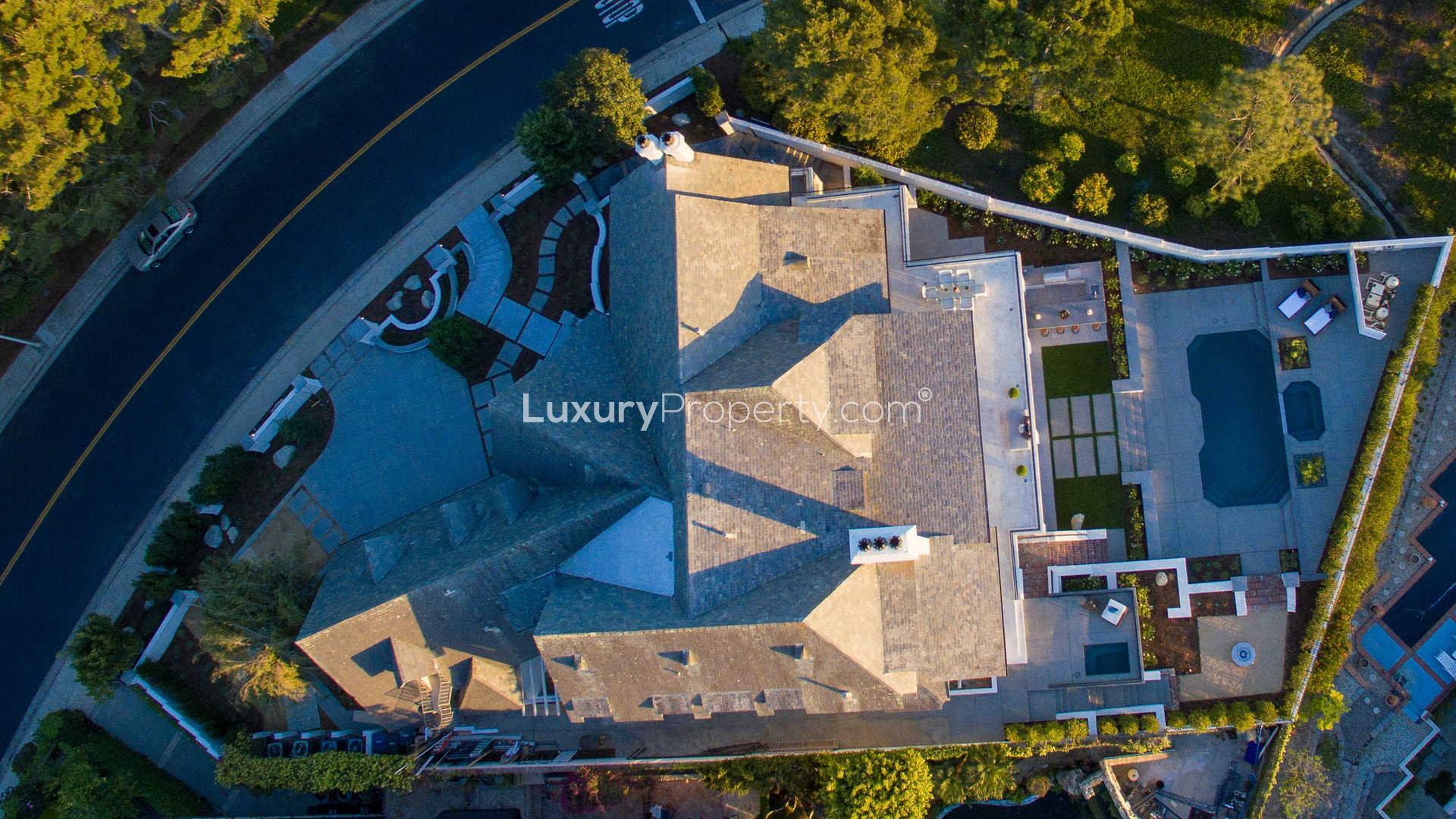 Marvelous villa exterior in gated Harbour Ridge, Newport Beach, Los Angeles, with landscaped garden